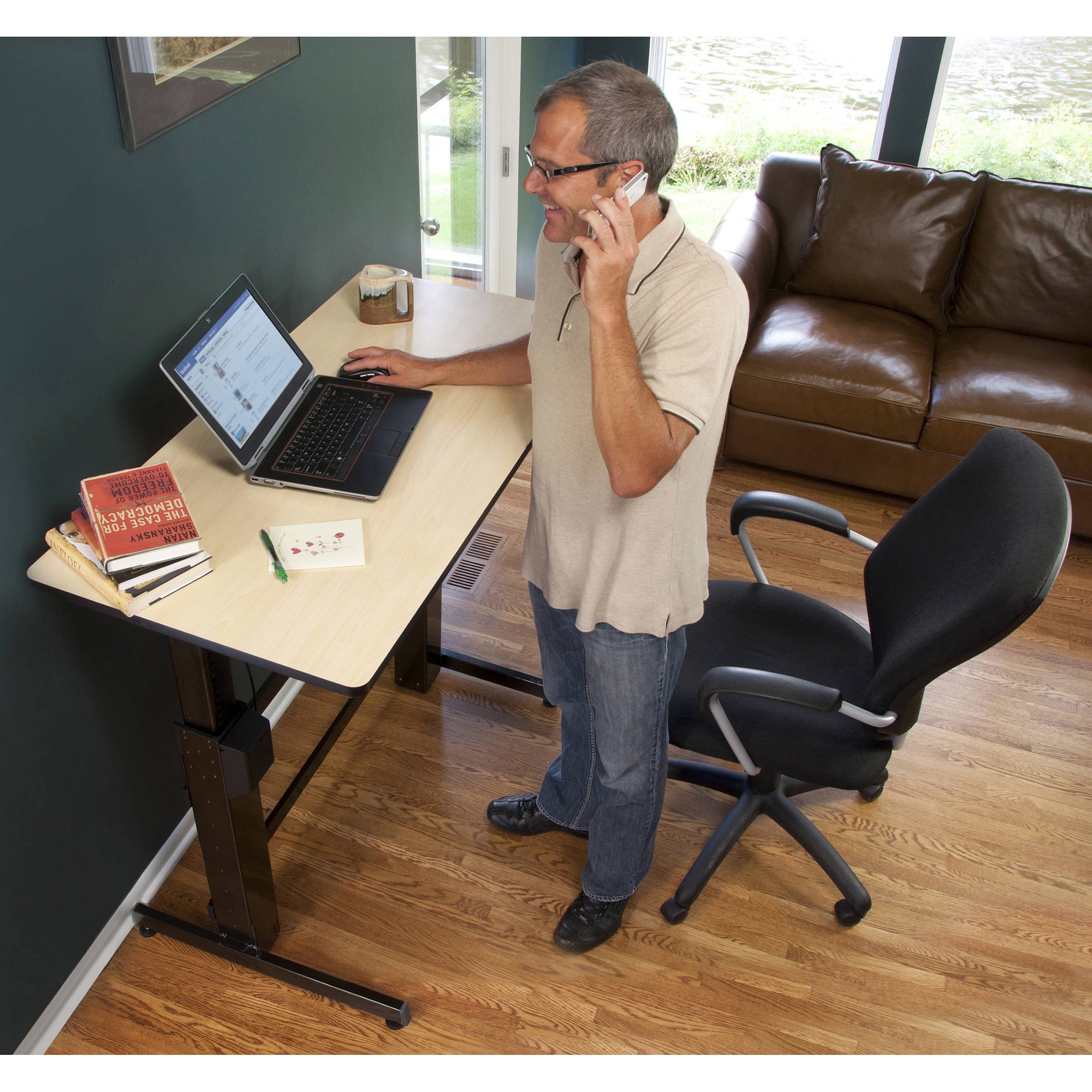 Ergotron WorkFit-D standing desk converter in birch wood grain finish for professional office workstations — view 11