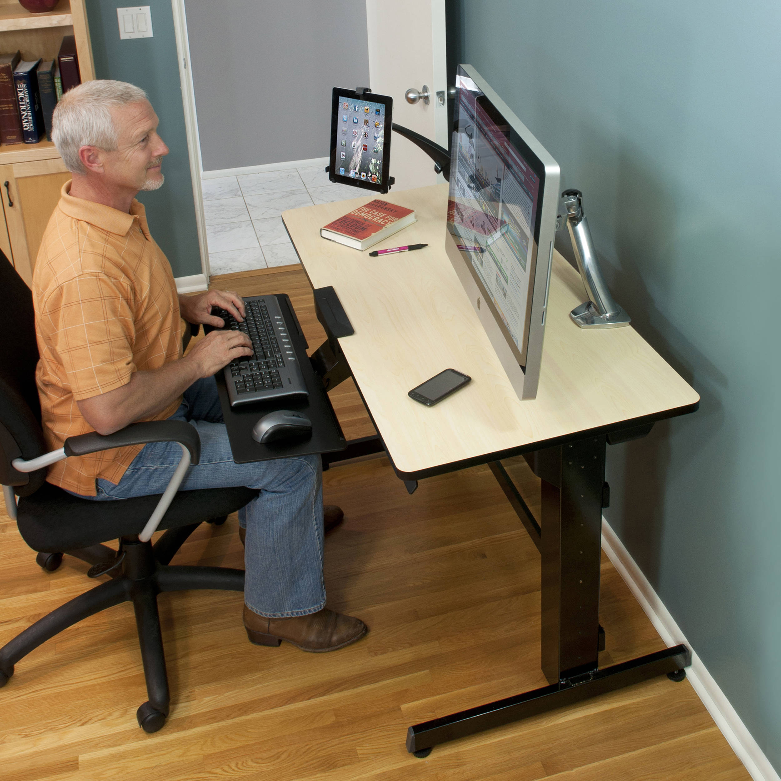 Ergotron WorkFit-D standing desk converter in birch wood grain finish for professional office workstations — view 12
