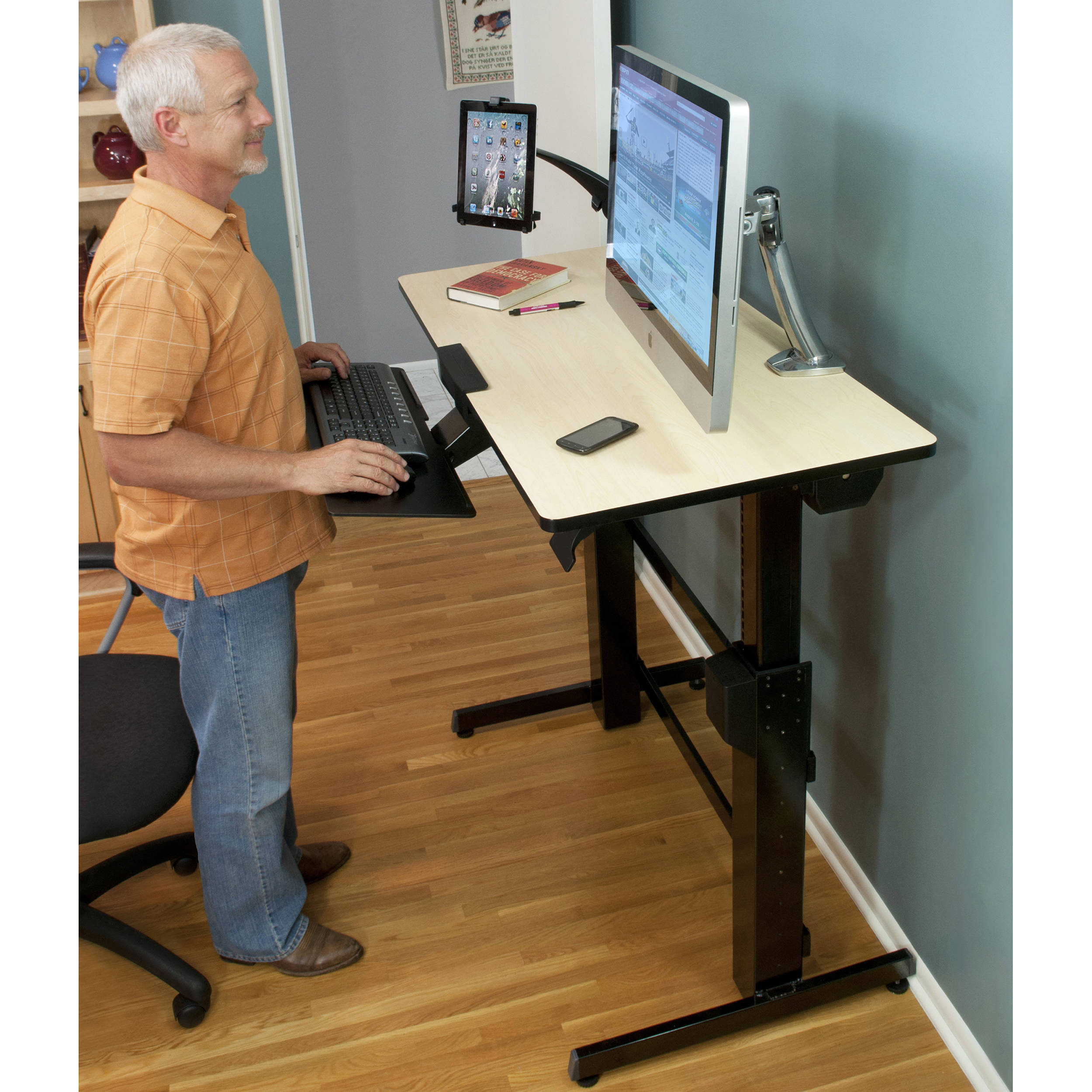 Ergotron WorkFit-D standing desk converter in birch wood grain finish for professional office workstations — view 13