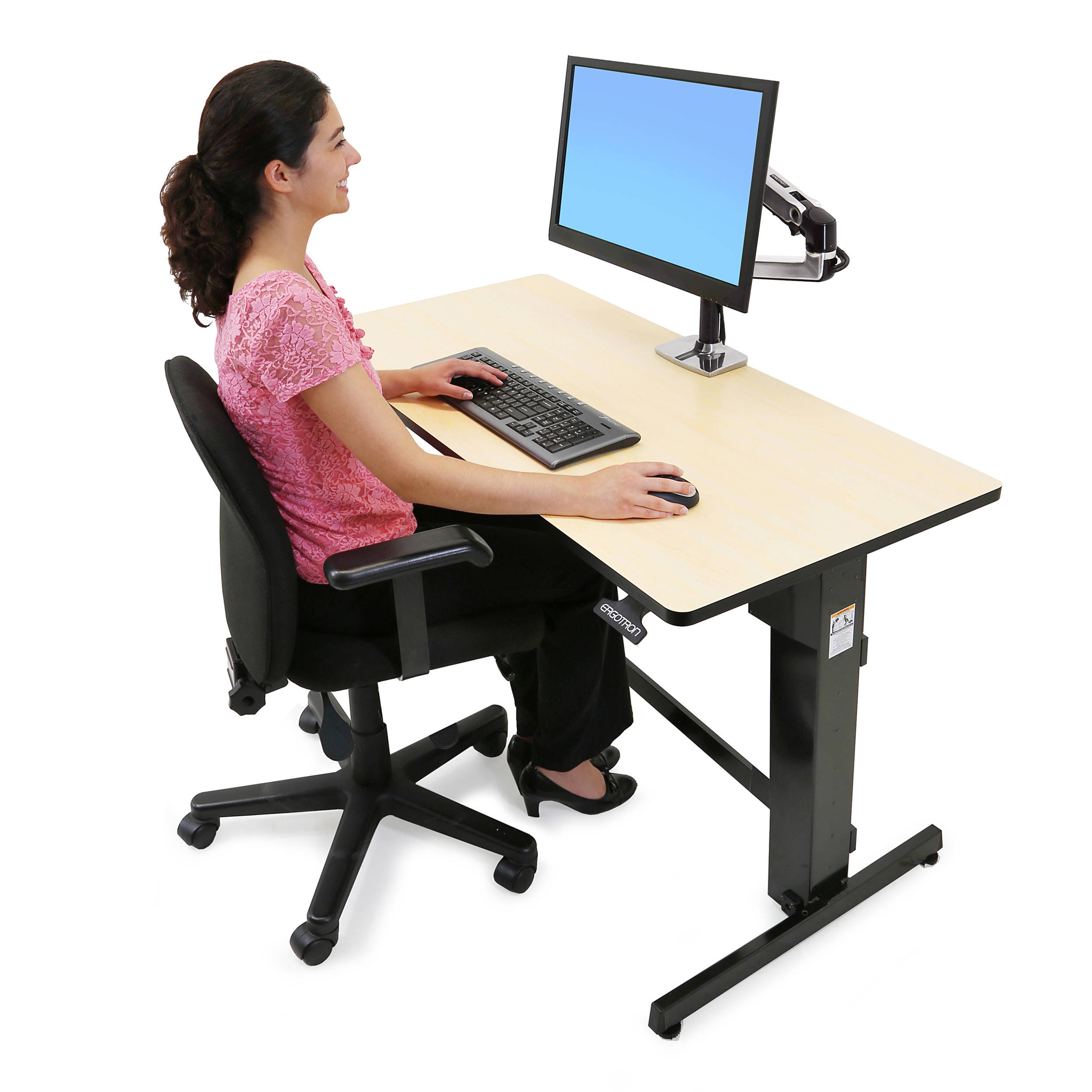 Ergotron WorkFit-D standing desk converter in birch wood grain finish for professional office workstations — view 6
