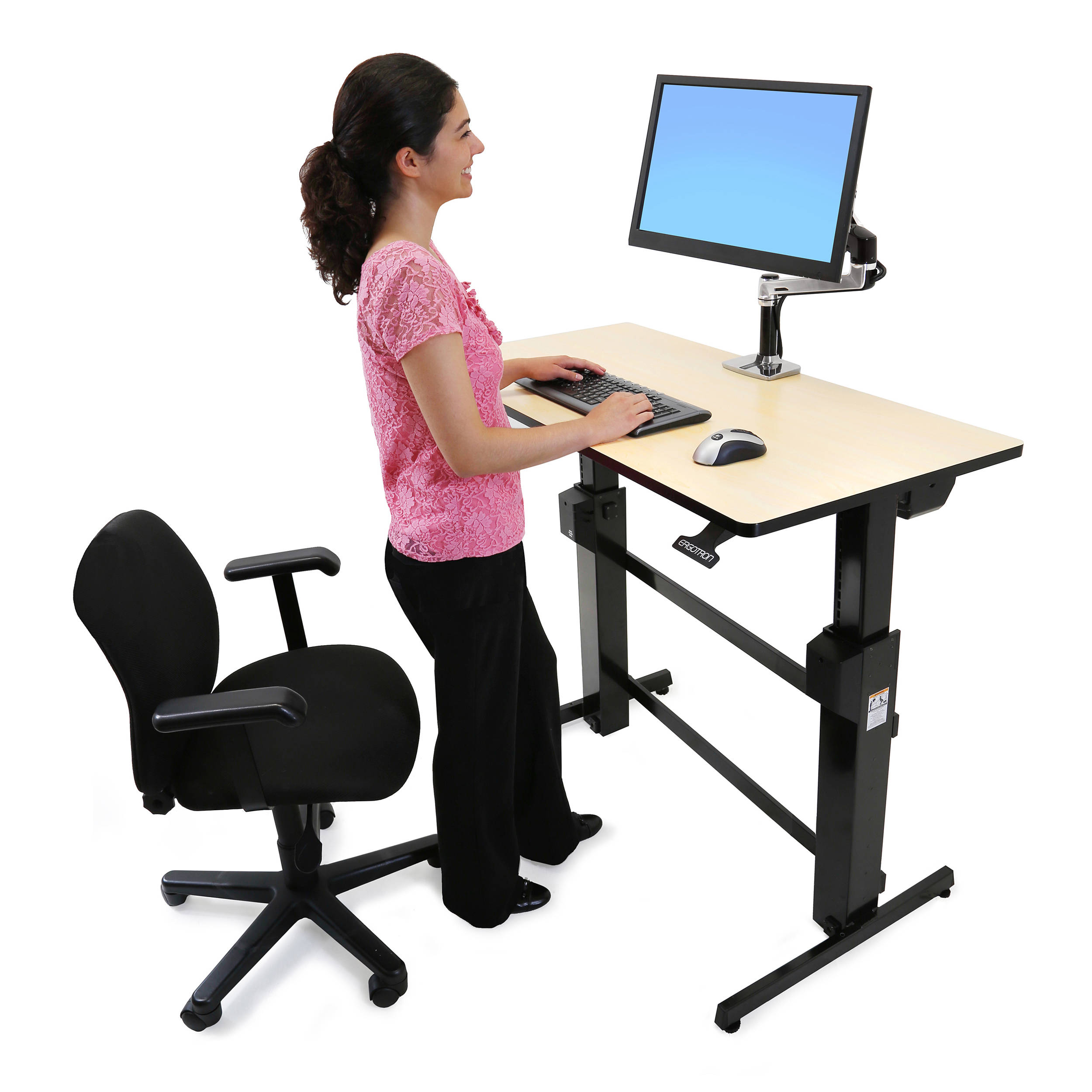 Ergotron WorkFit-D standing desk converter in birch wood grain finish for professional office workstations — view 7