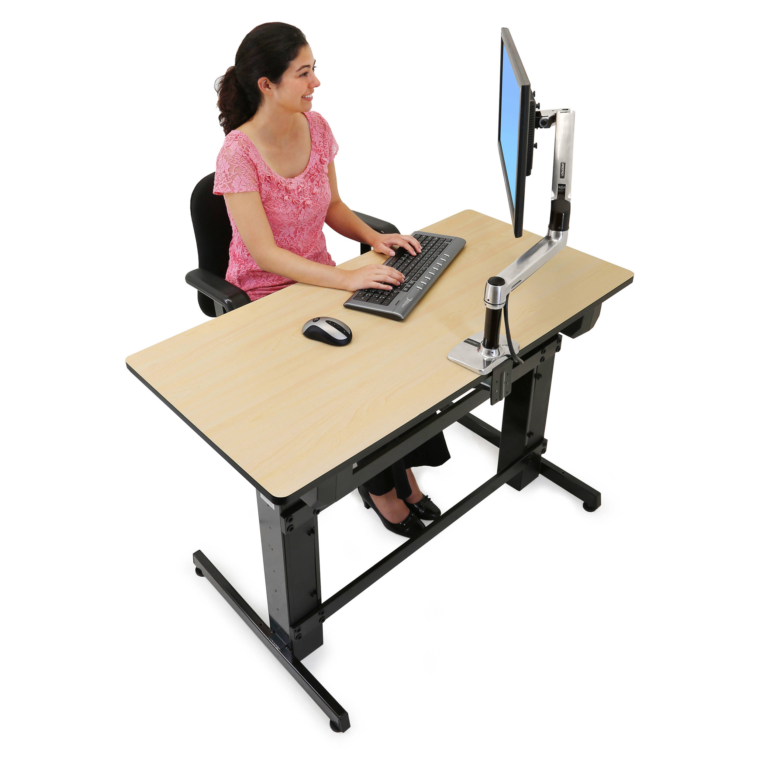 Ergotron WorkFit-D standing desk converter in birch wood grain finish for professional office workstations — view 8
