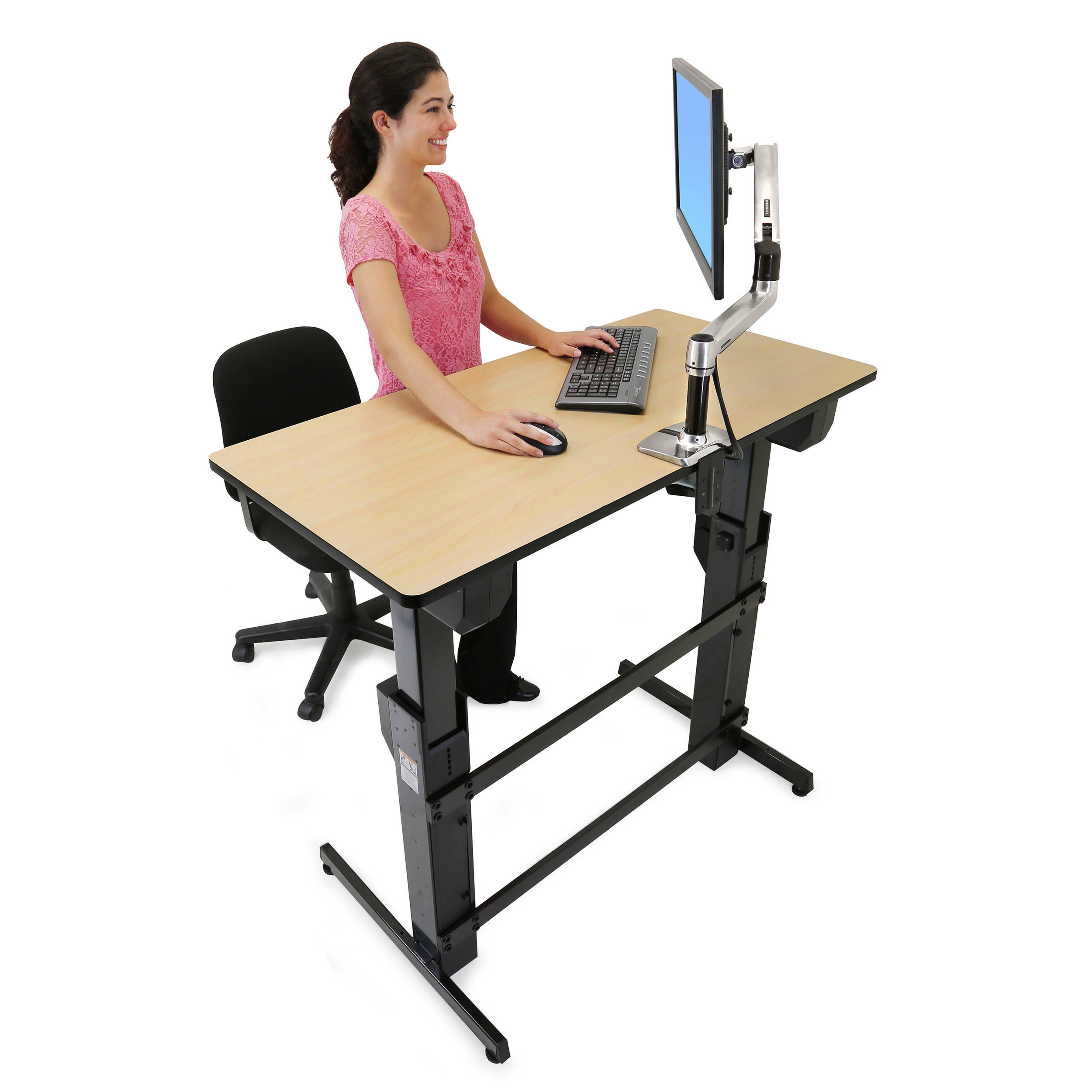 Ergotron WorkFit-D standing desk converter in birch wood grain finish for professional office workstations — view 9