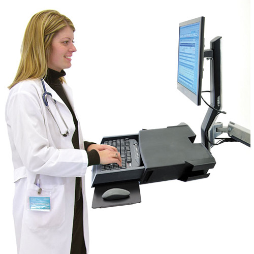Ergotron SV Sit-Stand Combo Arm in polished finish with keyboard and LCD support — view 6