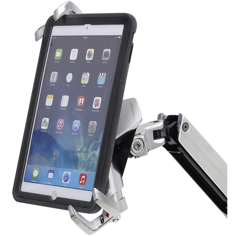Ergotron lockable tablet mount in polished silver for secure kiosk and POS tablet installations — view 3