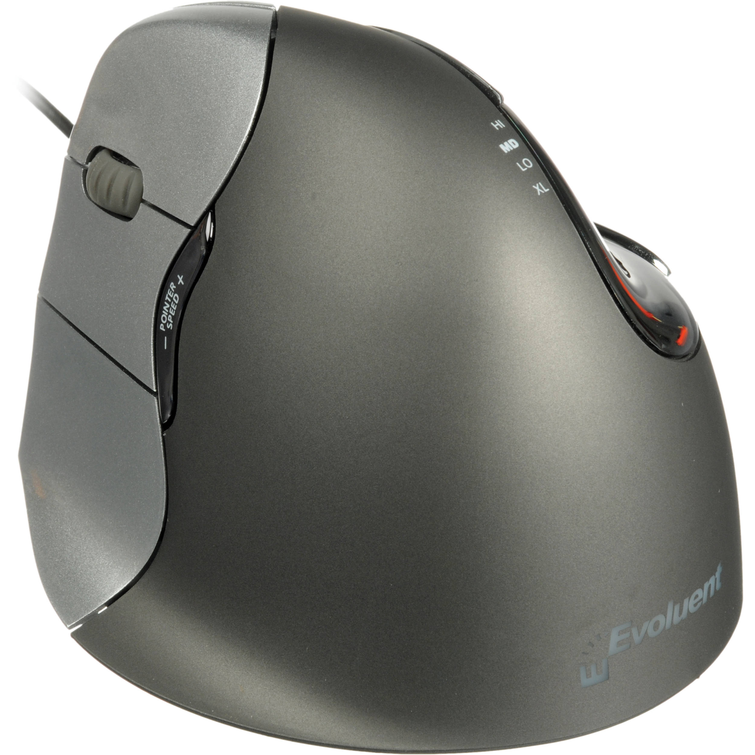 Evoluent VerticalMouse 4 left-handed wired ergonomic mouse in dark finish with 6 buttons and scroll wheel — view 2