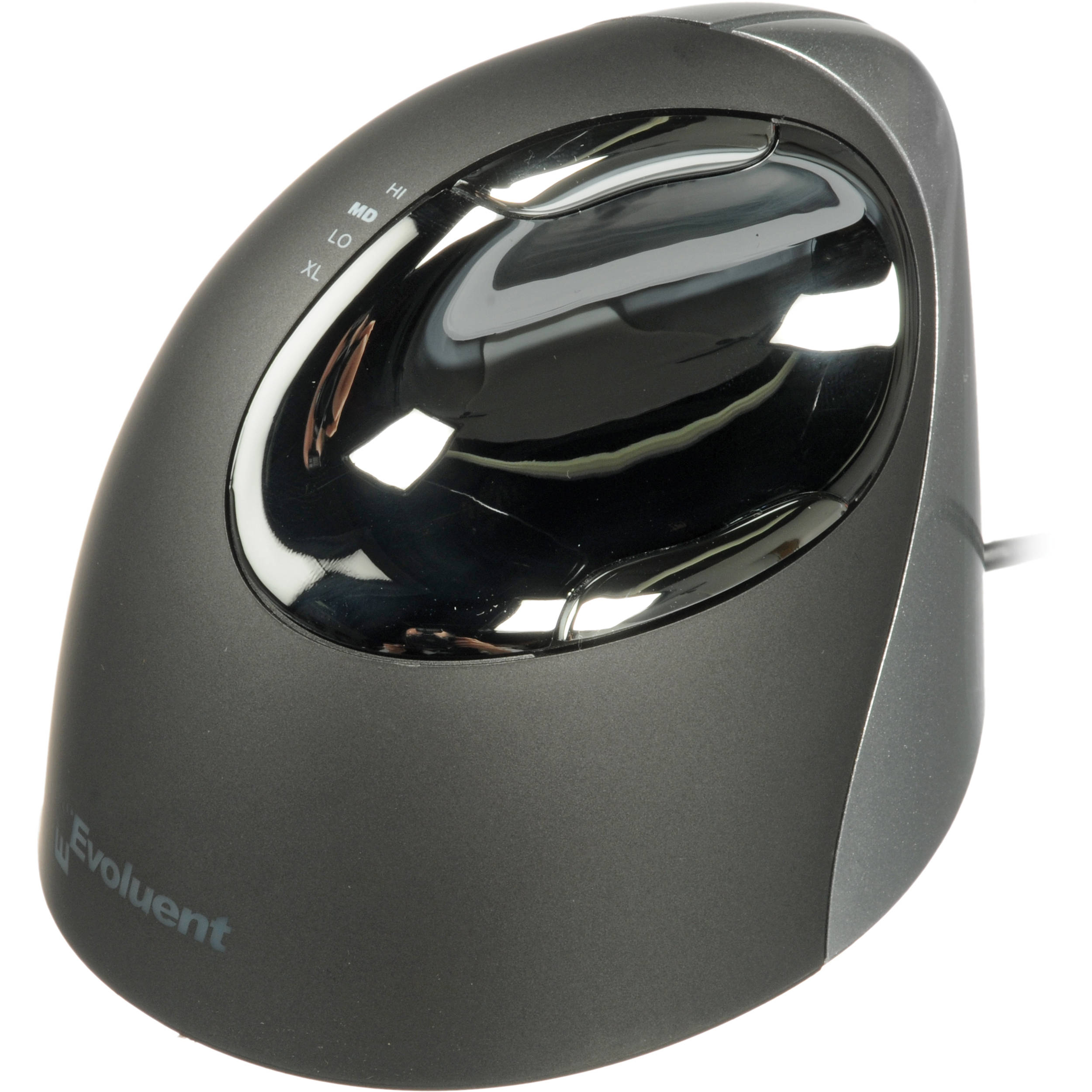 Evoluent VerticalMouse 4 left-handed wired ergonomic mouse in dark finish with 6 buttons and scroll wheel — view 4