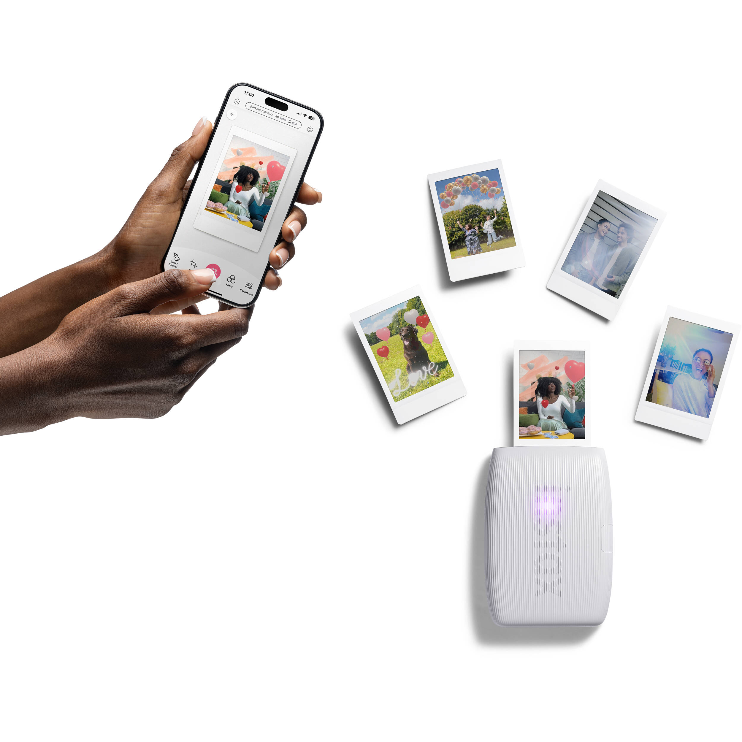 FUJIFILM Instax Link 3 Clay White smartphone printer producing pocket-sized color photo — view 12