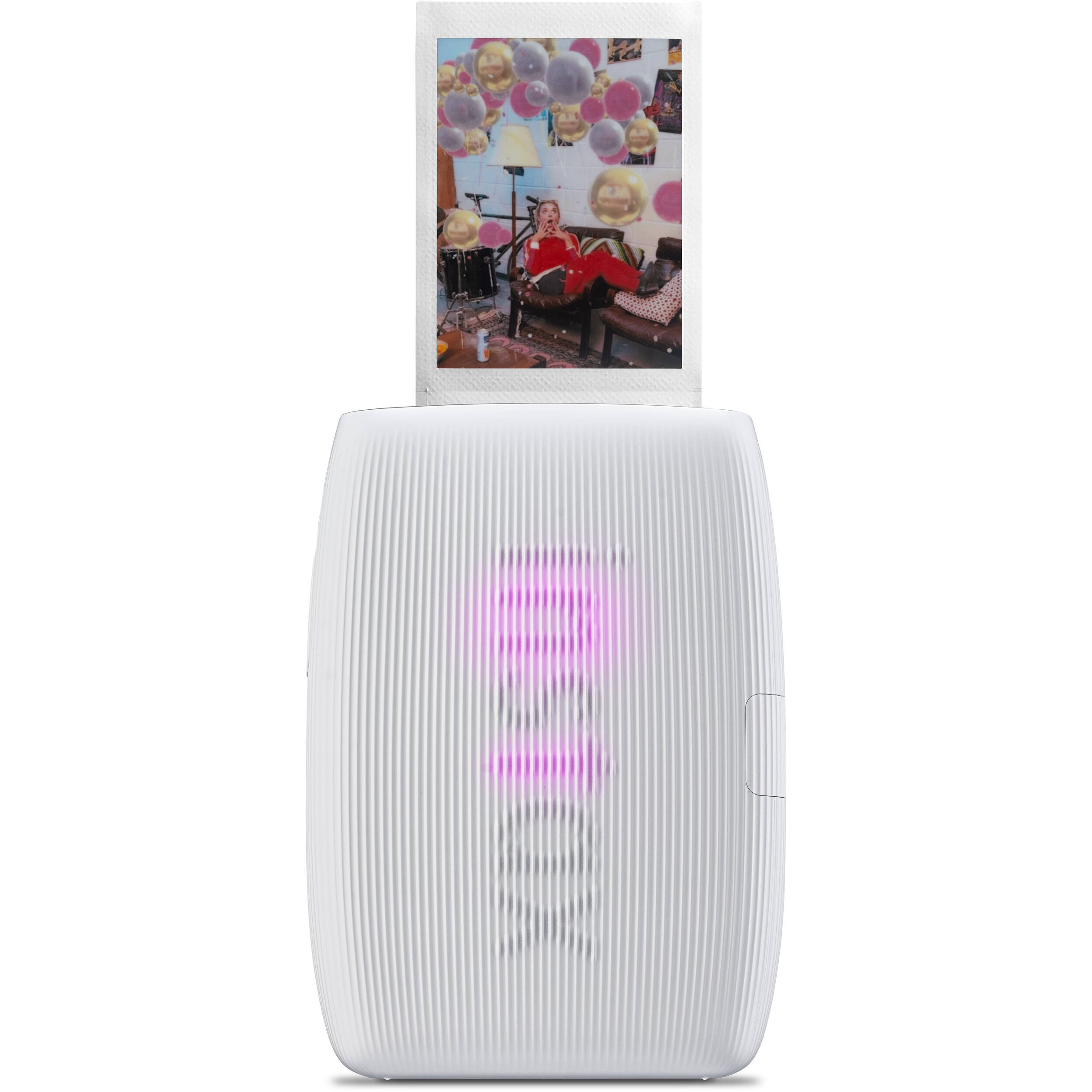 FUJIFILM Instax Link 3 Clay White smartphone printer producing pocket-sized color photo — view 2