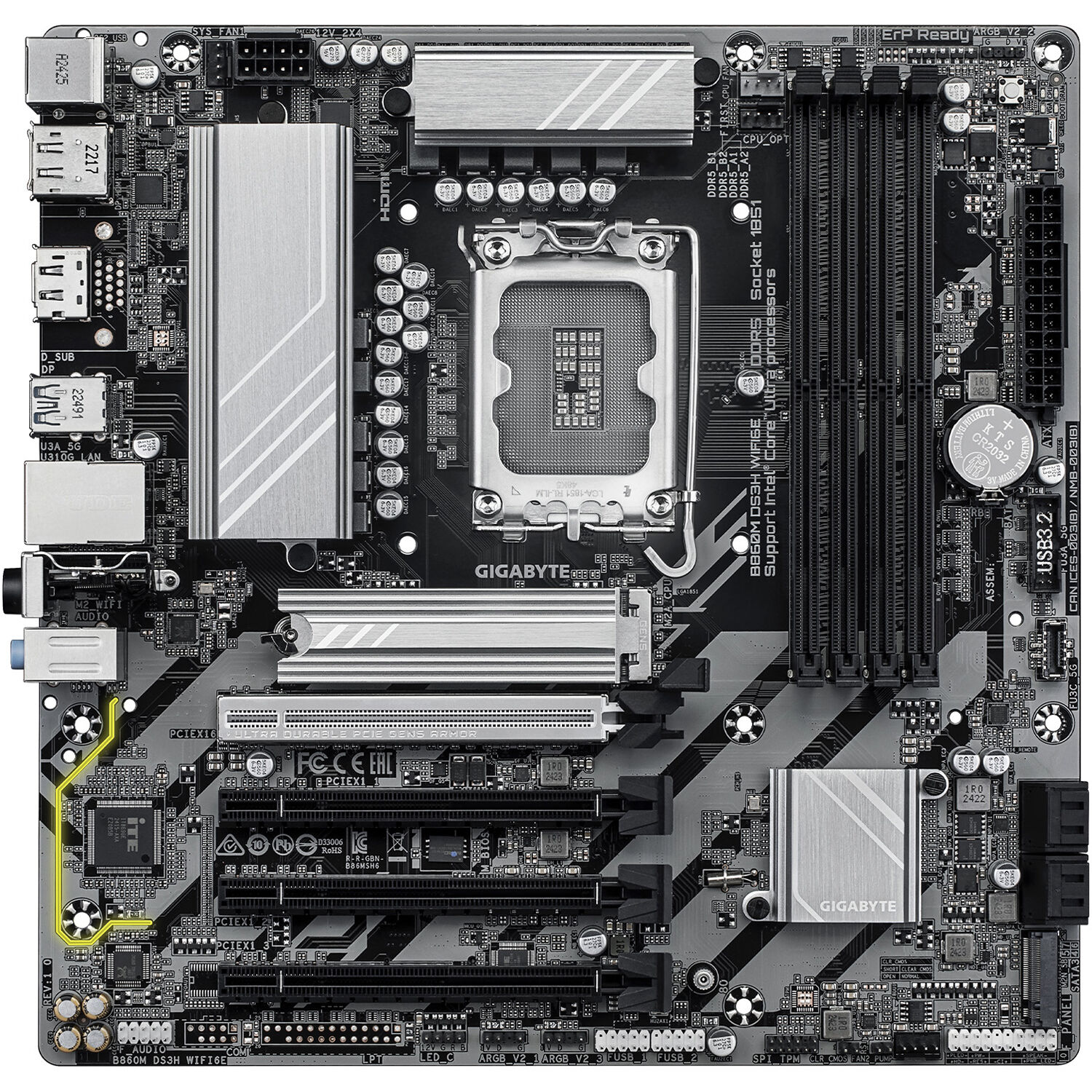 GIGABYTE B860M DS3H WIFI6E micro-ATX motherboard with onboard Wi‑Fi 6E — view 2