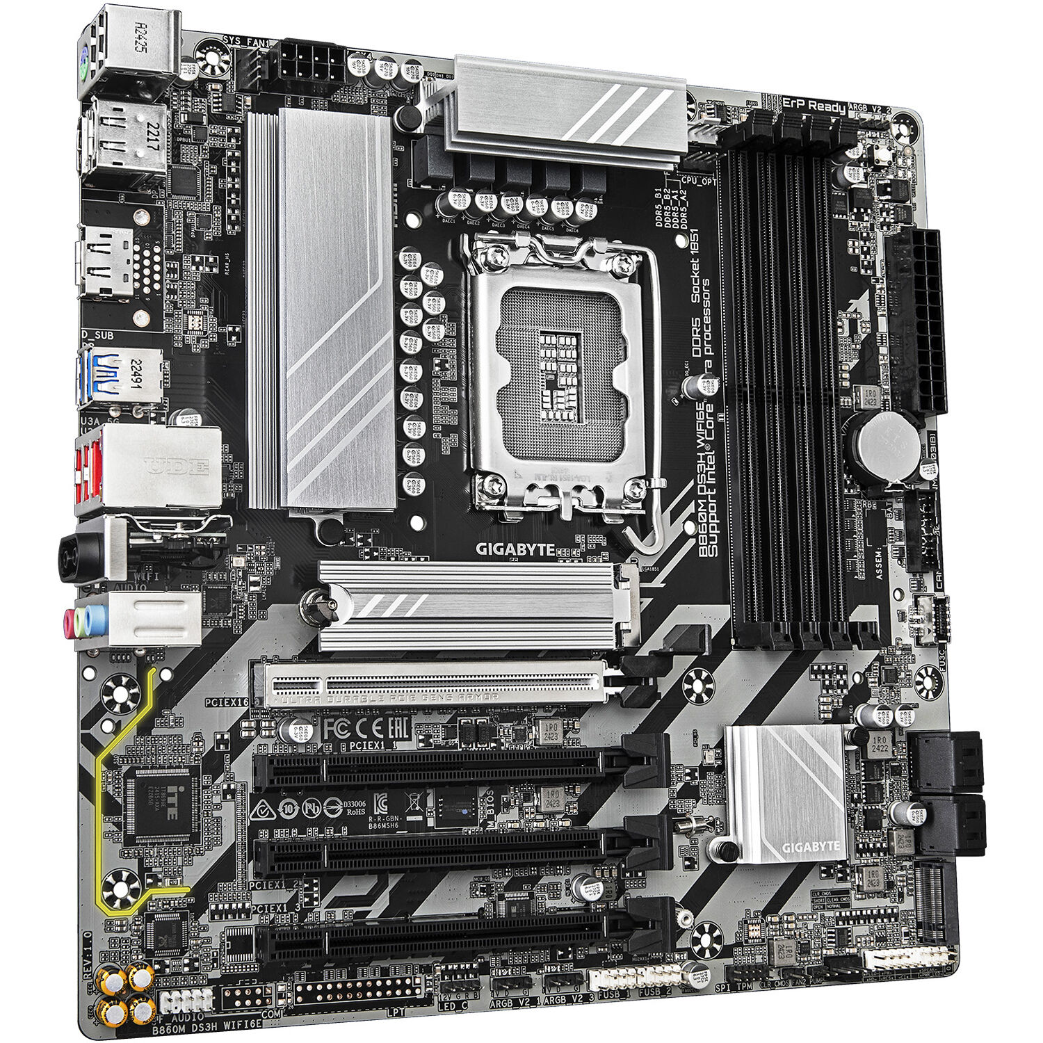 GIGABYTE B860M DS3H WIFI6E micro-ATX motherboard with onboard Wi‑Fi 6E — view 3