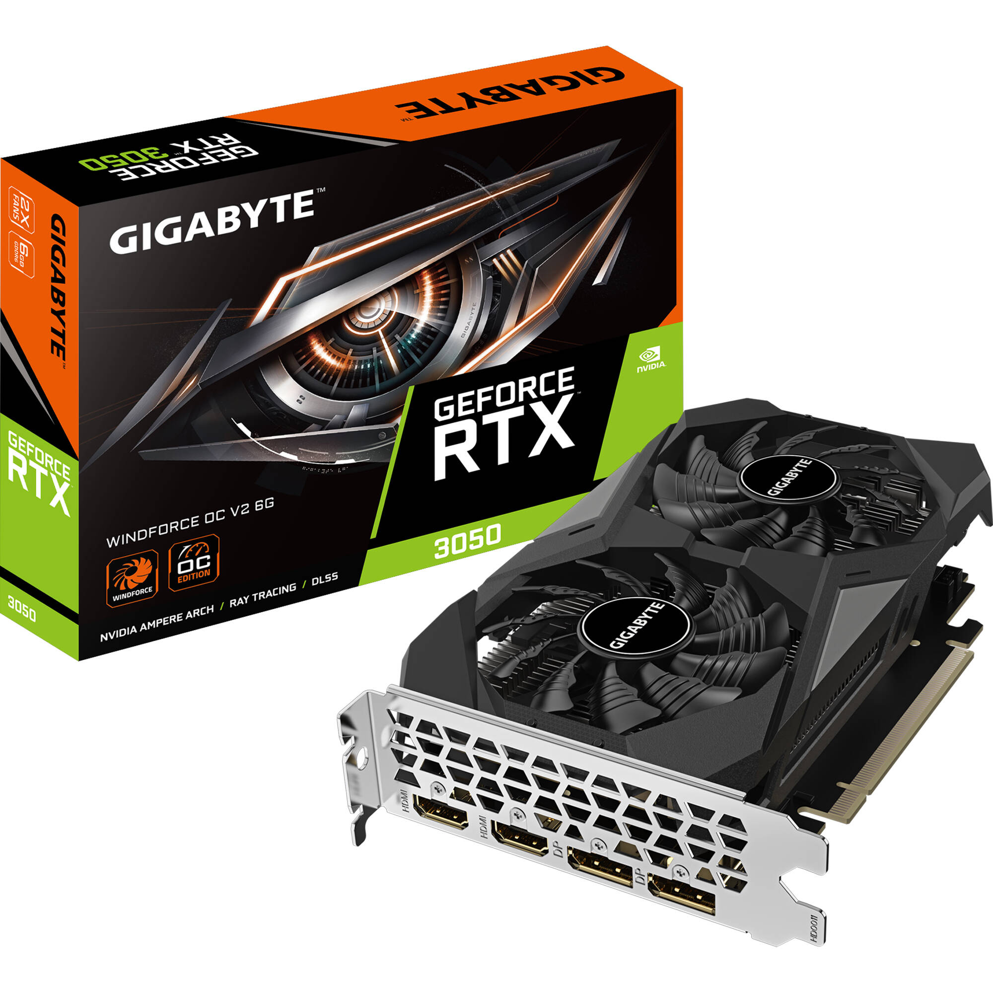 GIGABYTE GeForce RTX 3050 WINDFORCE OC V2 6G graphics card with dual-fan cooling — view 7