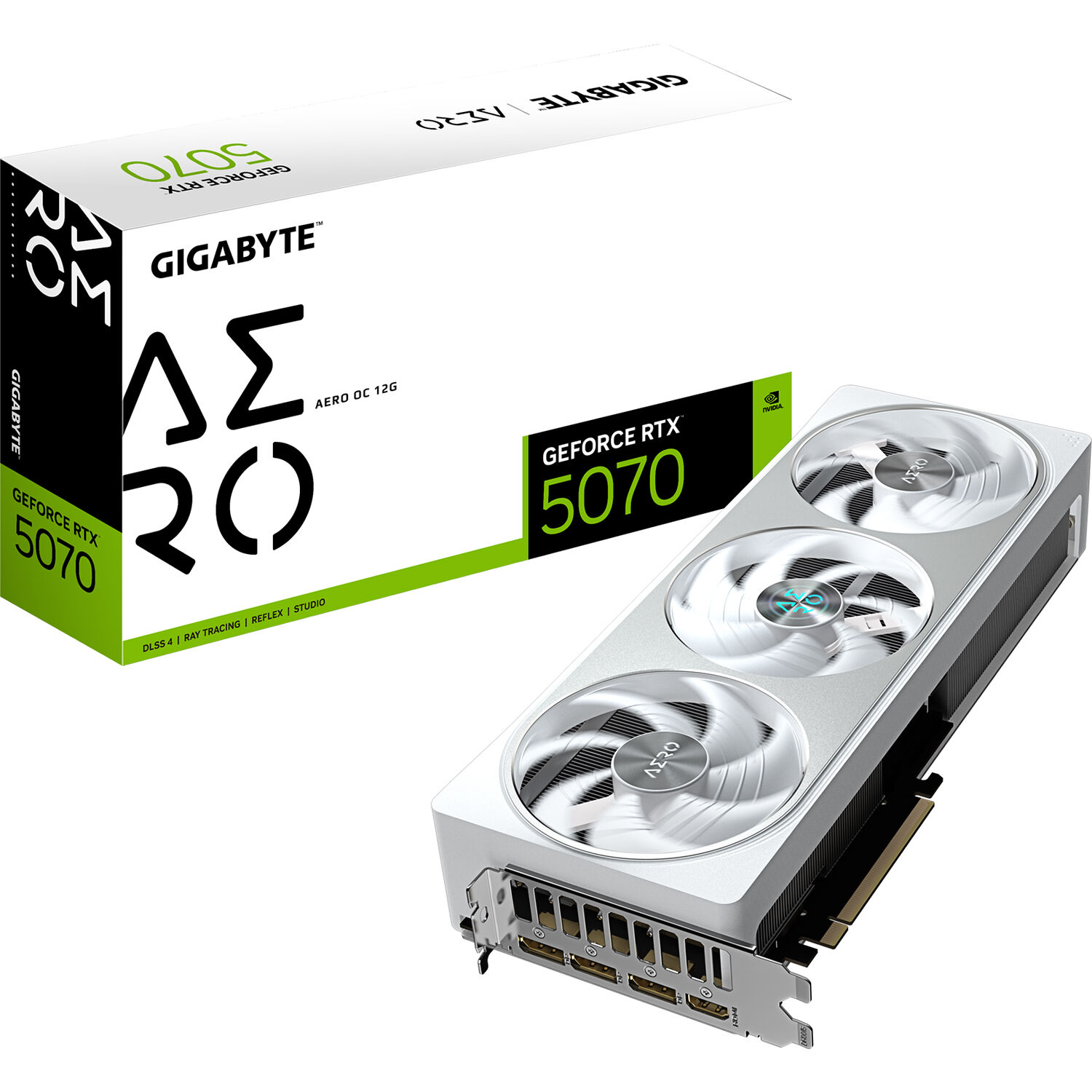 GIGABYTE GeForce RTX 5070 AERO OC 12G white graphics card with triple-fan cooling — view 9