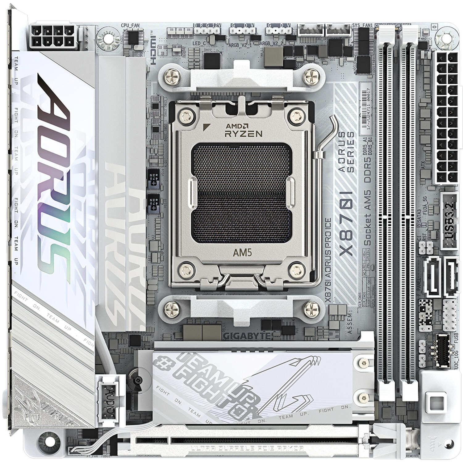 GIGABYTE X870I AORUS PRO ICE AMD X870 AM5 Mini-ITX motherboard in white ICE finish — view 2