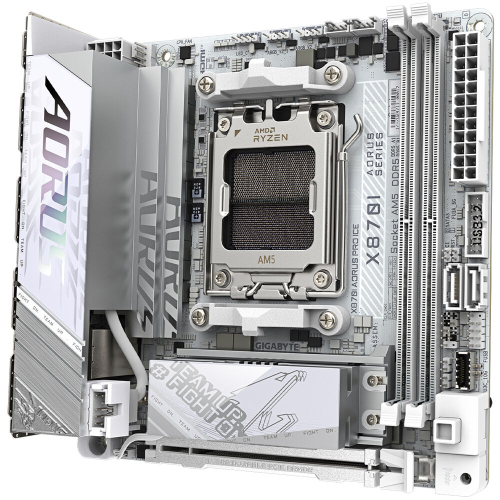 GIGABYTE X870I AORUS PRO ICE AMD X870 AM5 Mini-ITX motherboard in white ICE finish — view 3