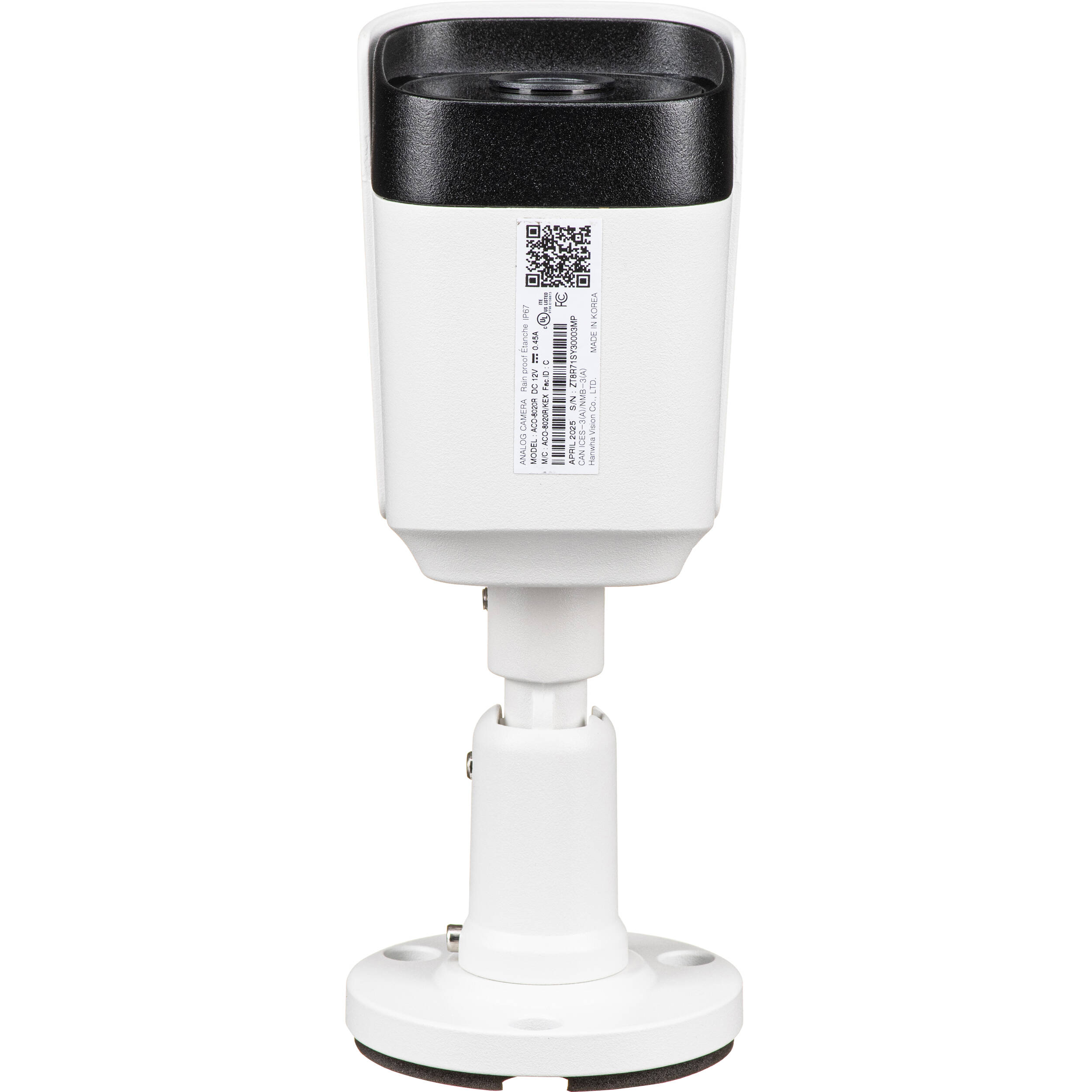 Wisenet A Series 5MP IR bullet camera, AHD / TVI / CVI / CVBS formats are available, 5MP @ 30 FPS, (CVI supports up to 4M), 3.6mm fixed focal lens, FoV H: 94 / V: 54 , DWDR, IR distance 20m(65.6 ft), day & night , IP67, IK10, 12VDC, Analog, white. — view 6