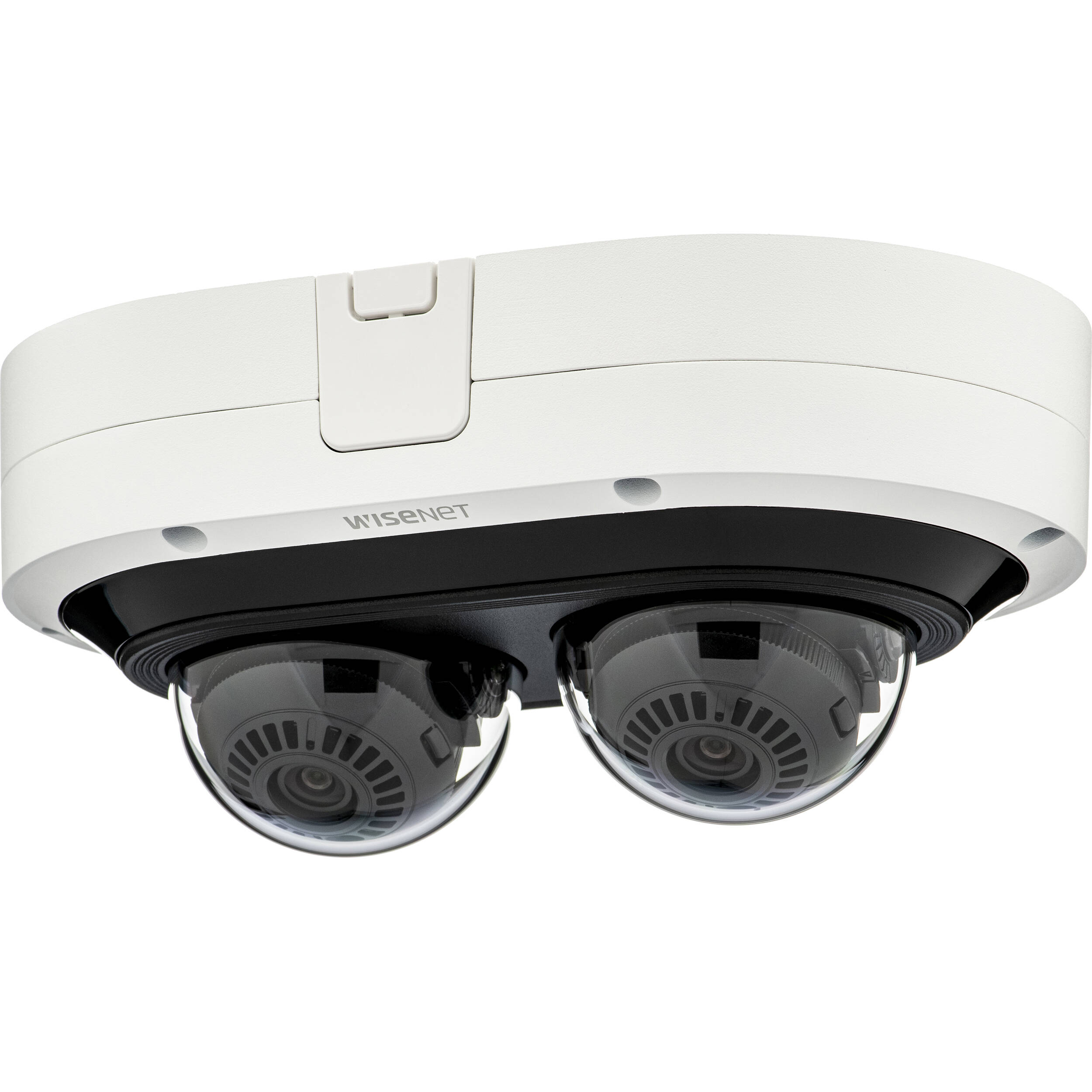 Network vandal outdoor 2CH IR dome camera, (6MP X 2 sensors) 12MP @ 15fps, 3.4~6.8mm(2x) (95.08 degrees ~47.64 degrees ) motorized varifocal    lens, Triple codec (H.265/H.264/MJPEG), IR viewable length 25m (82ft),  USB port for easy installation, Day & Night (ICR), extremeWDR (120dB), DIS, Handover, Analytics events: Defocus detection, Directional  detection, Motion detection, Appear/Disappear, Enter/Exit, Loitering, Tampering, Virtual line, Audio detection, Sound classification, FIPS 140-2, micro SD card 512GB, IP66, NEMA4X, IK10, Operating temperature: -40 degrees C~+55 degrees C(-40 degrees F ~ +131 degrees F), Power: PoE+, Metal shielded RJ-45, Hard-coated dome bubble — view 2