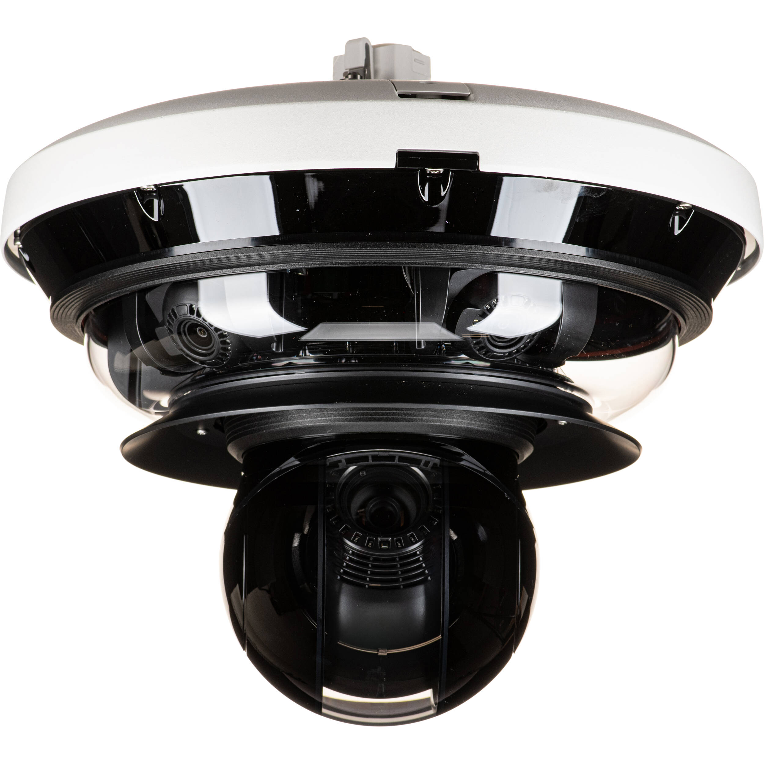 Wisenet P series network vandal outdoor Multi-Directional camera 4CH x 8MP @ 20FPS + PTZ 40x 2MP @ 30FPS, 4CH Remote PTRZ Lens 3.3~5.7mm (FoV H: 110 , V: 57 ), triple codec H.265/H.264/MJPEG, 120dB WDR; IR viewable  length 30m (98ft), Analytics events based on AI engine: Object detection (Person/Vehicle (car/truck/bus/bicycle/bike)), IVA (Virtual line/Area, Enter/Exit, Loitering, direction, intrusion), Appear/Disappear, WiseNR ?(using AI engine), WiseStream?(Based on AI engine), I/O Box compatibility; TPM with FIPS 140-2 level2, IP66, IK10, NEMA4X, HPoE (included) — view 2