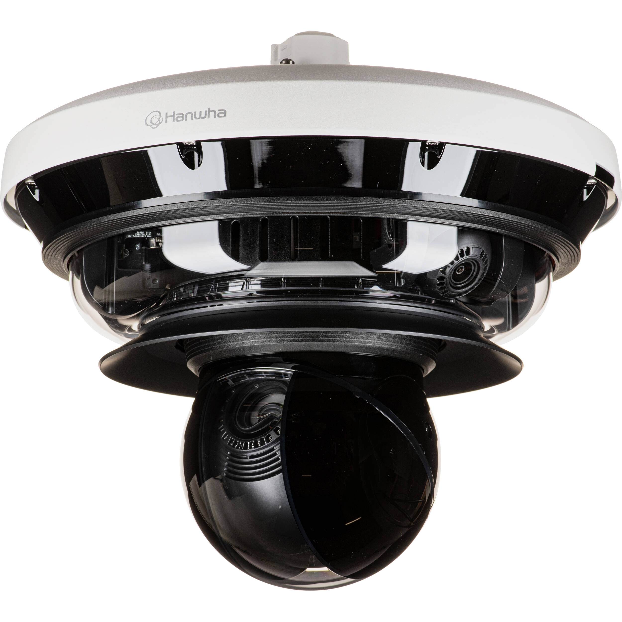 Wisenet P series network vandal outdoor Multi-Directional camera 4CH x 8MP @ 20FPS + PTZ 40x 2MP @ 30FPS, 4CH Remote PTRZ Lens 3.3~5.7mm (FoV H: 110 , V: 57 ), triple codec H.265/H.264/MJPEG, 120dB WDR; IR viewable  length 30m (98ft), Analytics events based on AI engine: Object detection (Person/Vehicle (car/truck/bus/bicycle/bike)), IVA (Virtual line/Area, Enter/Exit, Loitering, direction, intrusion), Appear/Disappear, WiseNR ?(using AI engine), WiseStream?(Based on AI engine), I/O Box compatibility; TPM with FIPS 140-2 level2, IP66, IK10, NEMA4X, HPoE (included) — view 3