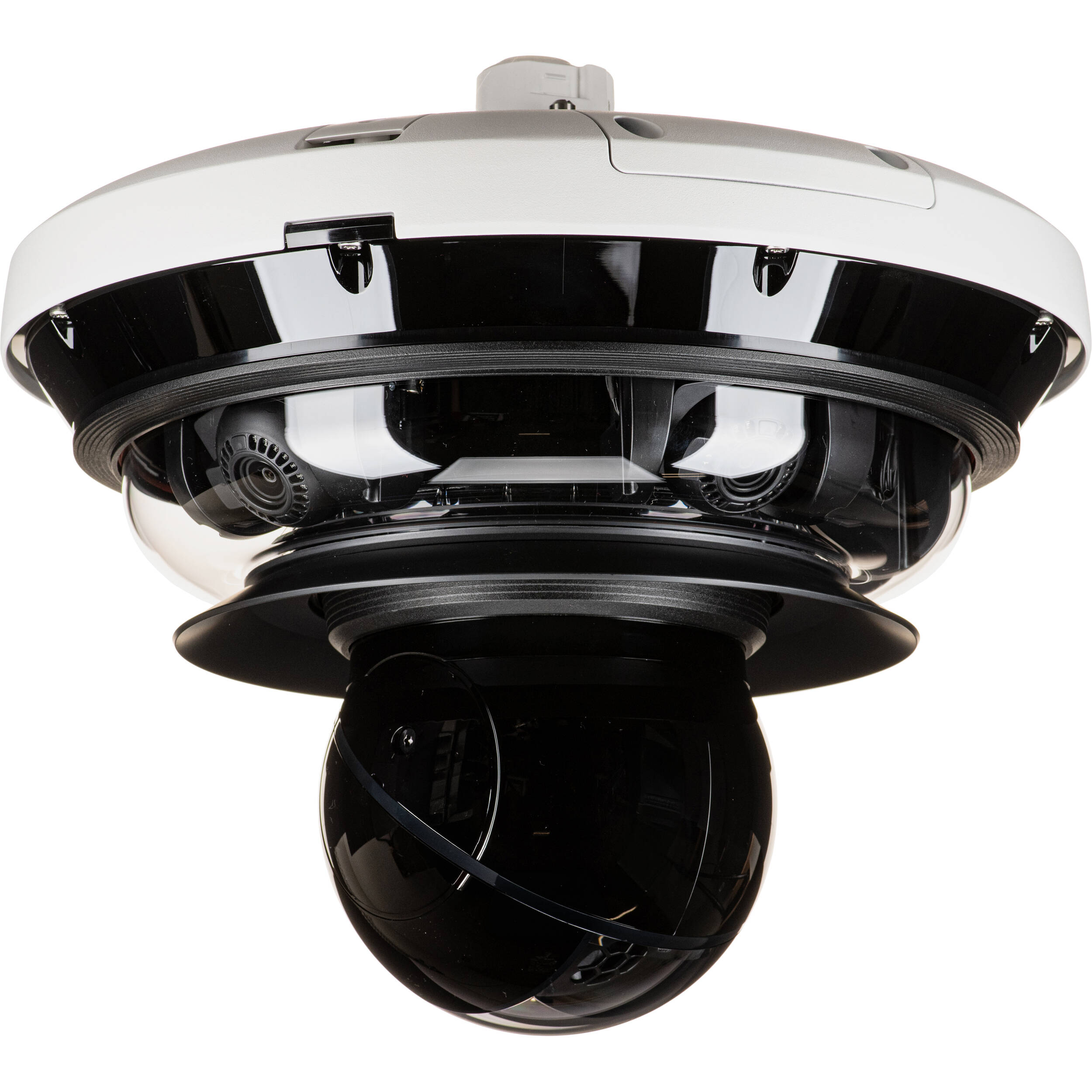 Wisenet P series network vandal outdoor Multi-Directional camera 4CH x 8MP @ 20FPS + PTZ 40x 2MP @ 30FPS, 4CH Remote PTRZ Lens 3.3~5.7mm (FoV H: 110 , V: 57 ), triple codec H.265/H.264/MJPEG, 120dB WDR; IR viewable  length 30m (98ft), Analytics events based on AI engine: Object detection (Person/Vehicle (car/truck/bus/bicycle/bike)), IVA (Virtual line/Area, Enter/Exit, Loitering, direction, intrusion), Appear/Disappear, WiseNR ?(using AI engine), WiseStream?(Based on AI engine), I/O Box compatibility; TPM with FIPS 140-2 level2, IP66, IK10, NEMA4X, HPoE (included) — view 4