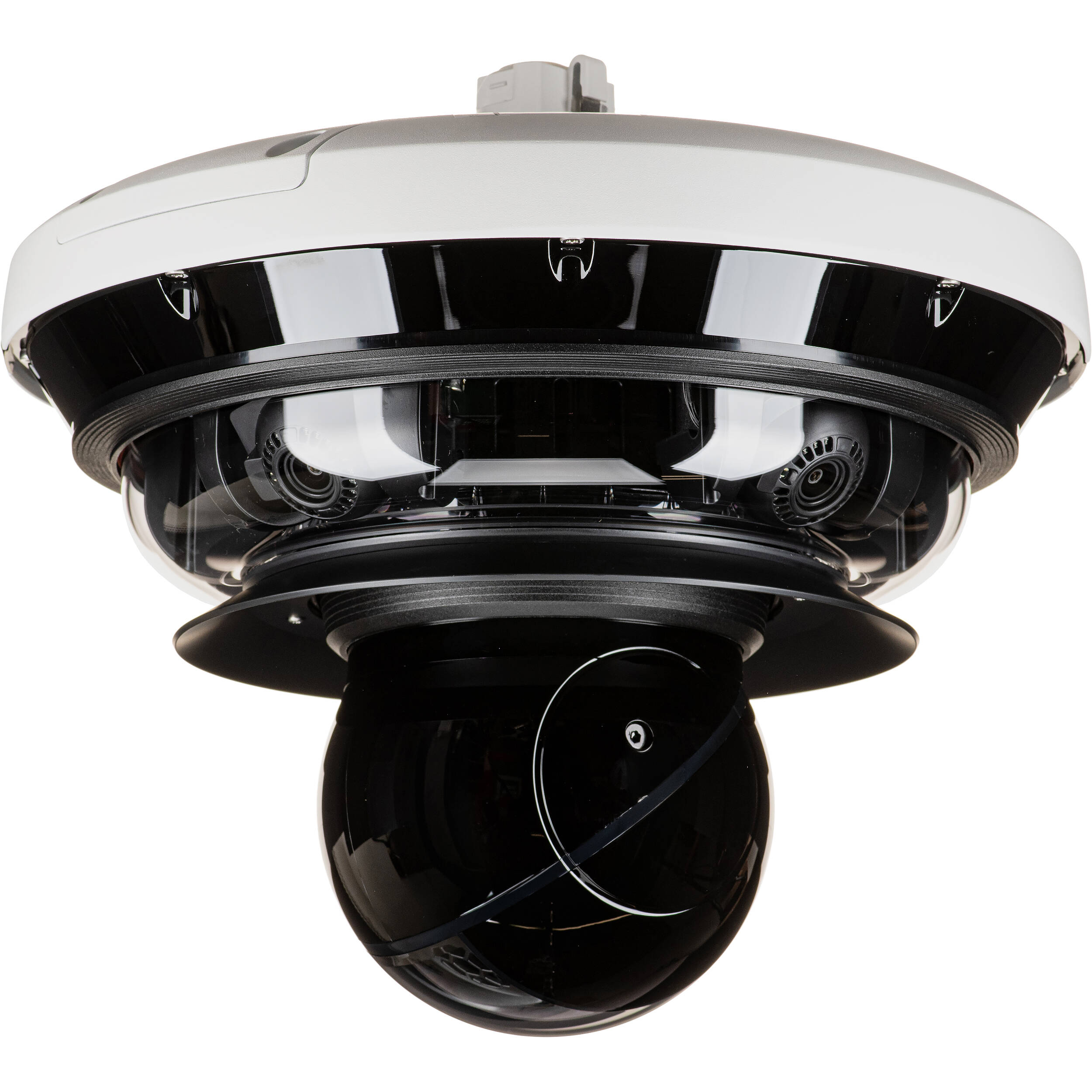Wisenet P series network vandal outdoor Multi-Directional camera 4CH x 8MP @ 20FPS + PTZ 40x 2MP @ 30FPS, 4CH Remote PTRZ Lens 3.3~5.7mm (FoV H: 110 , V: 57 ), triple codec H.265/H.264/MJPEG, 120dB WDR; IR viewable  length 30m (98ft), Analytics events based on AI engine: Object detection (Person/Vehicle (car/truck/bus/bicycle/bike)), IVA (Virtual line/Area, Enter/Exit, Loitering, direction, intrusion), Appear/Disappear, WiseNR ?(using AI engine), WiseStream?(Based on AI engine), I/O Box compatibility; TPM with FIPS 140-2 level2, IP66, IK10, NEMA4X, HPoE (included) — view 5