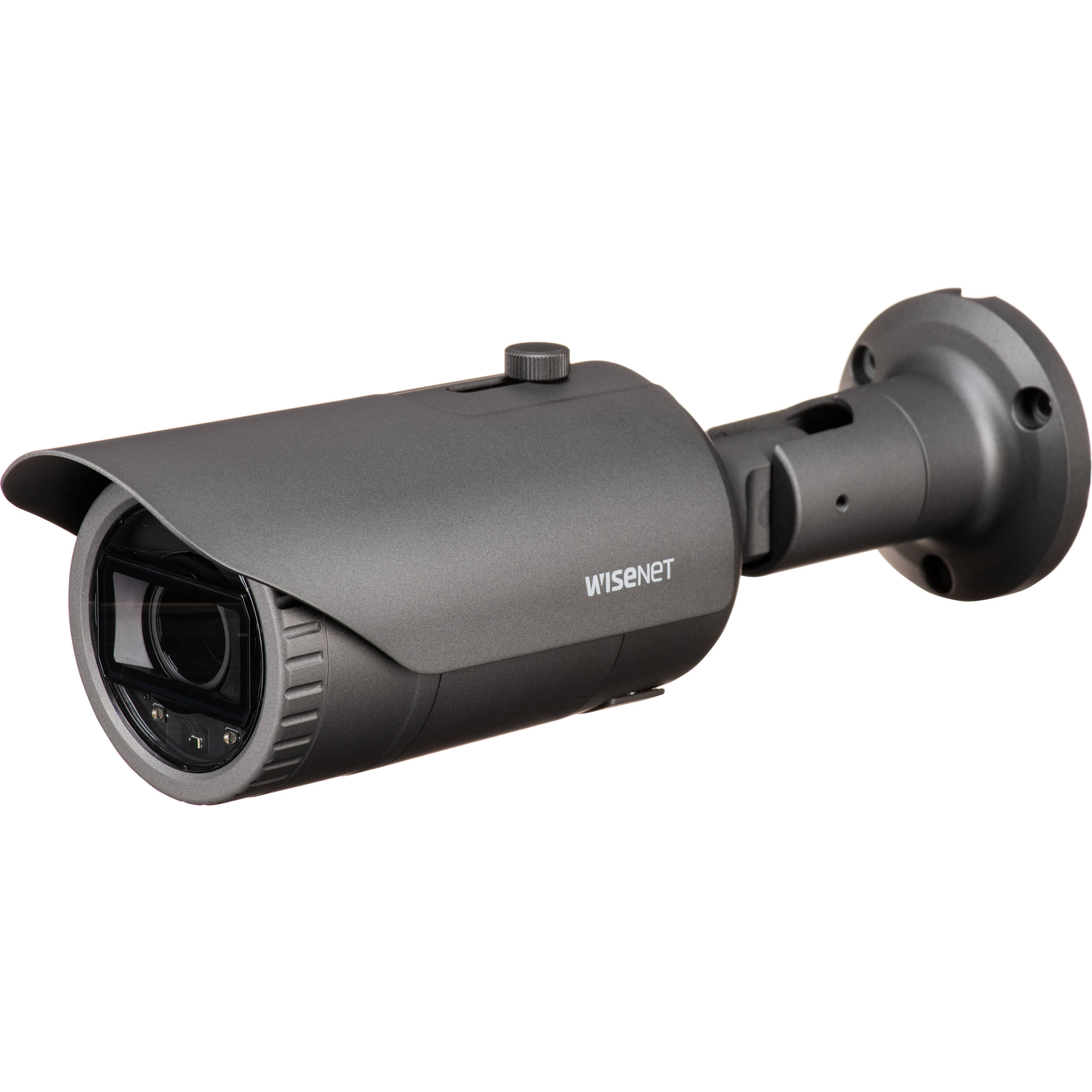 Wisenet Q network outdoor vandal bullet camera, 2MP @ 30fps, motorized vari-focal lens 3.1x (3.2 ~ 10.0mm) (109DEGREE -33DEGREE), triple codec H.265/H.264/MJPEG with Wisestream II, 120dB WDR, IR LEDs range 98', defocus detection, hallway View, no audio in/out, SD card, video analytics, CVBS, open platform, IP66, IK10, PoE/12VDC — view 2