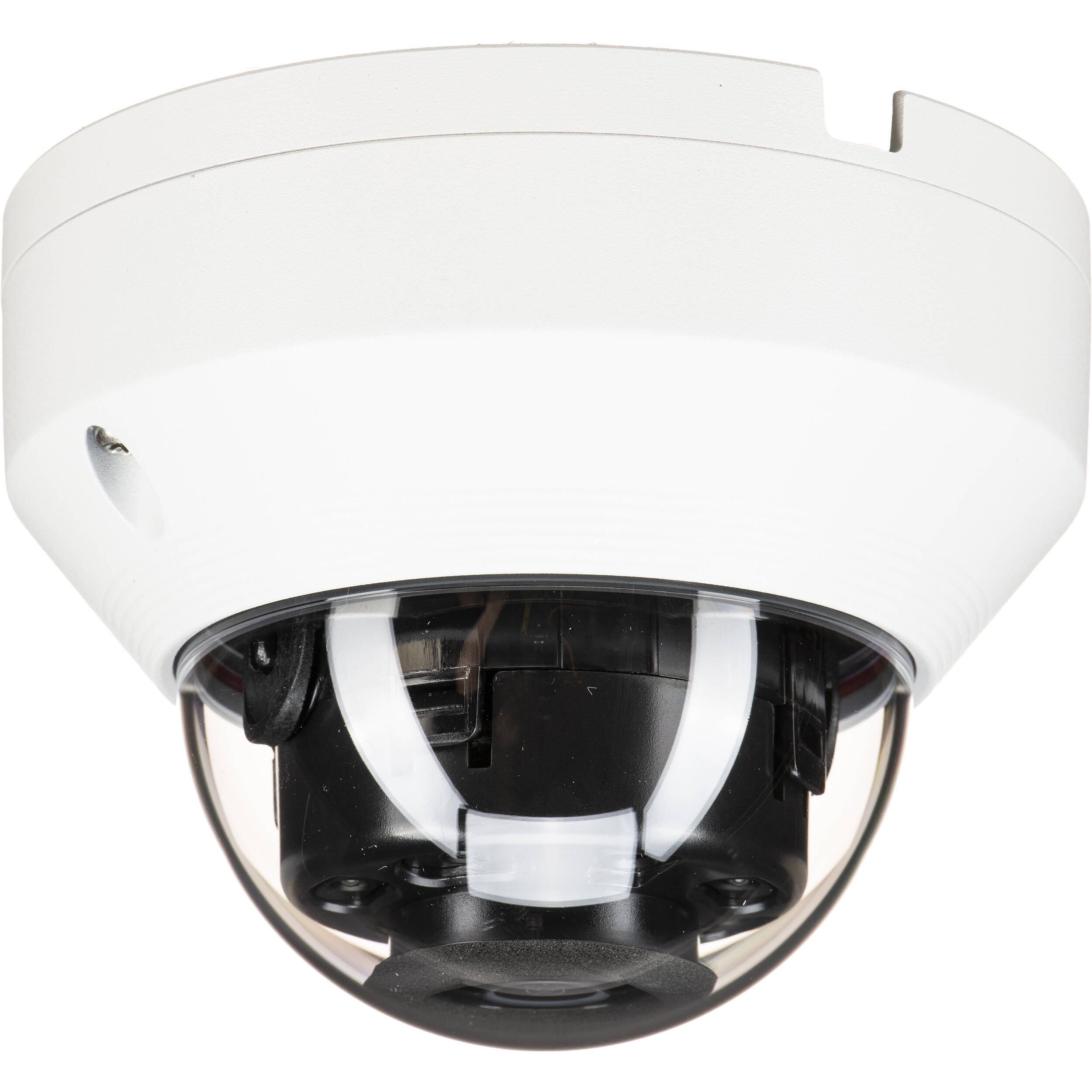Wisenet Q network outdoor vandal dome camera, 5MP @ 30fps, 2.8mm fixed focal lens (104 ), triple codec H.265/H.264/MJPEG with Wisestream II, 120dB WDR, IR LEDs range 65', defocus detection, hallway View, SD card, video analytics, CVBS, open platform, IP66, IK10, PoE, white color — view 2