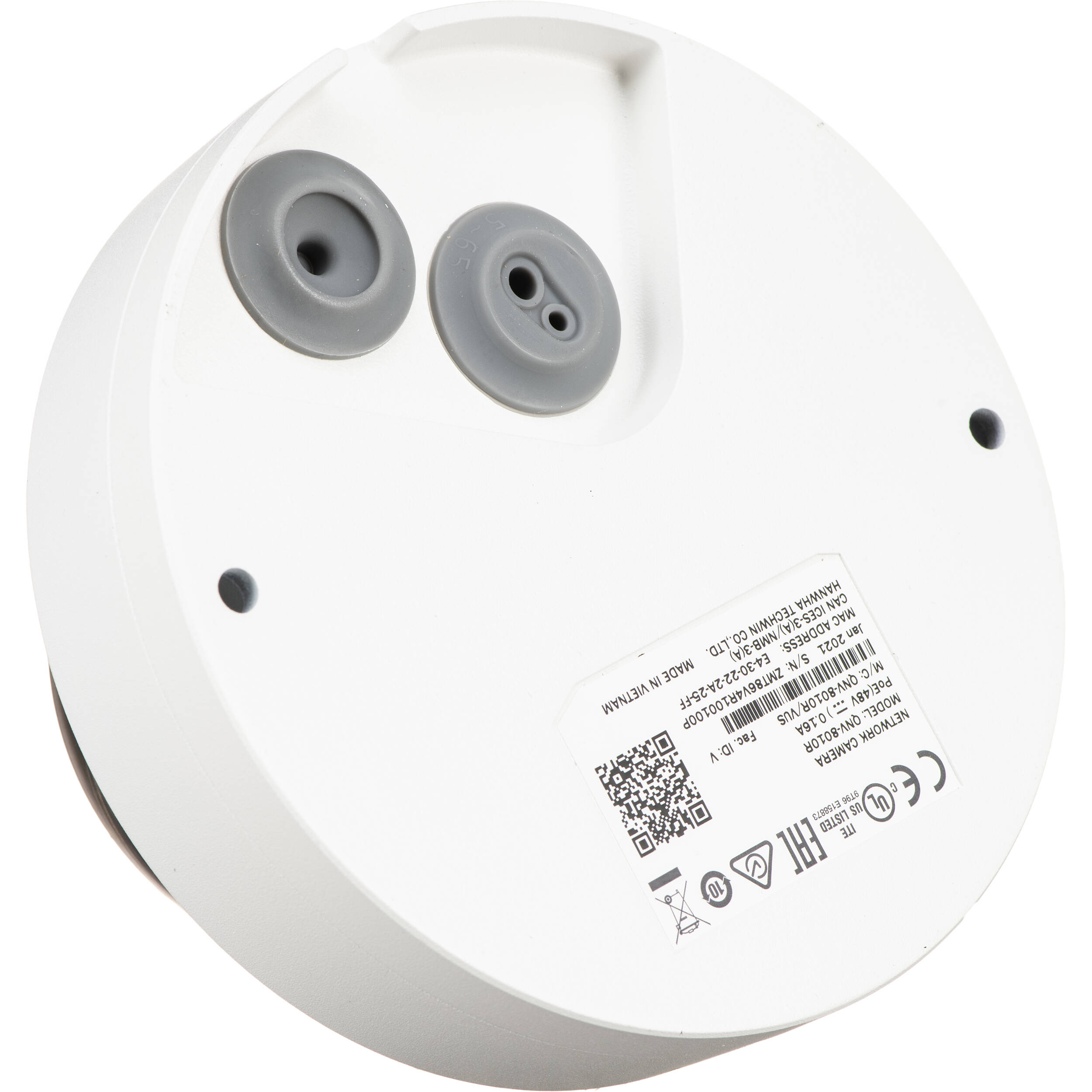 Wisenet Q network outdoor vandal dome camera, 5MP @ 30fps, 2.8mm fixed focal lens (104 ), triple codec H.265/H.264/MJPEG with Wisestream II, 120dB WDR, IR LEDs range 65', defocus detection, hallway View, SD card, video analytics, CVBS, open platform, IP66, IK10, PoE, white color — view 3
