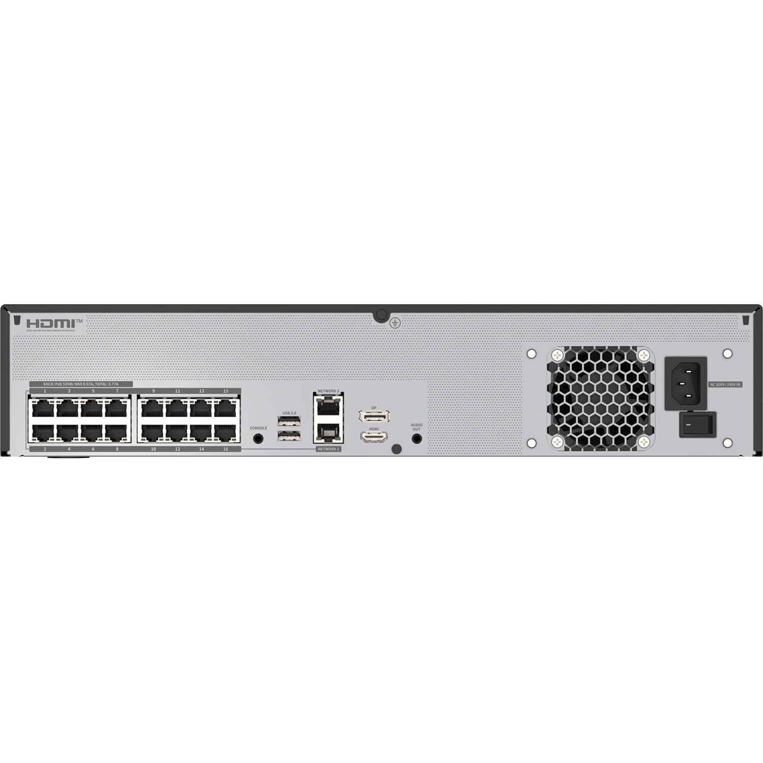 2U WAVE PoE NVR (Intel based) with 4 Professional licenses, 40TB RAW, supports: 32 channels with 16 PoE/PoE+ ports (PoE Budget 200W), Wisenet WAVE pre-installed, H.264/H.265/MJPEG, 4 fixed internal SATA HDDs (10TB max per HDD), Wisestream technology, HDMI/DP output, Dual GbE NICs — view 2