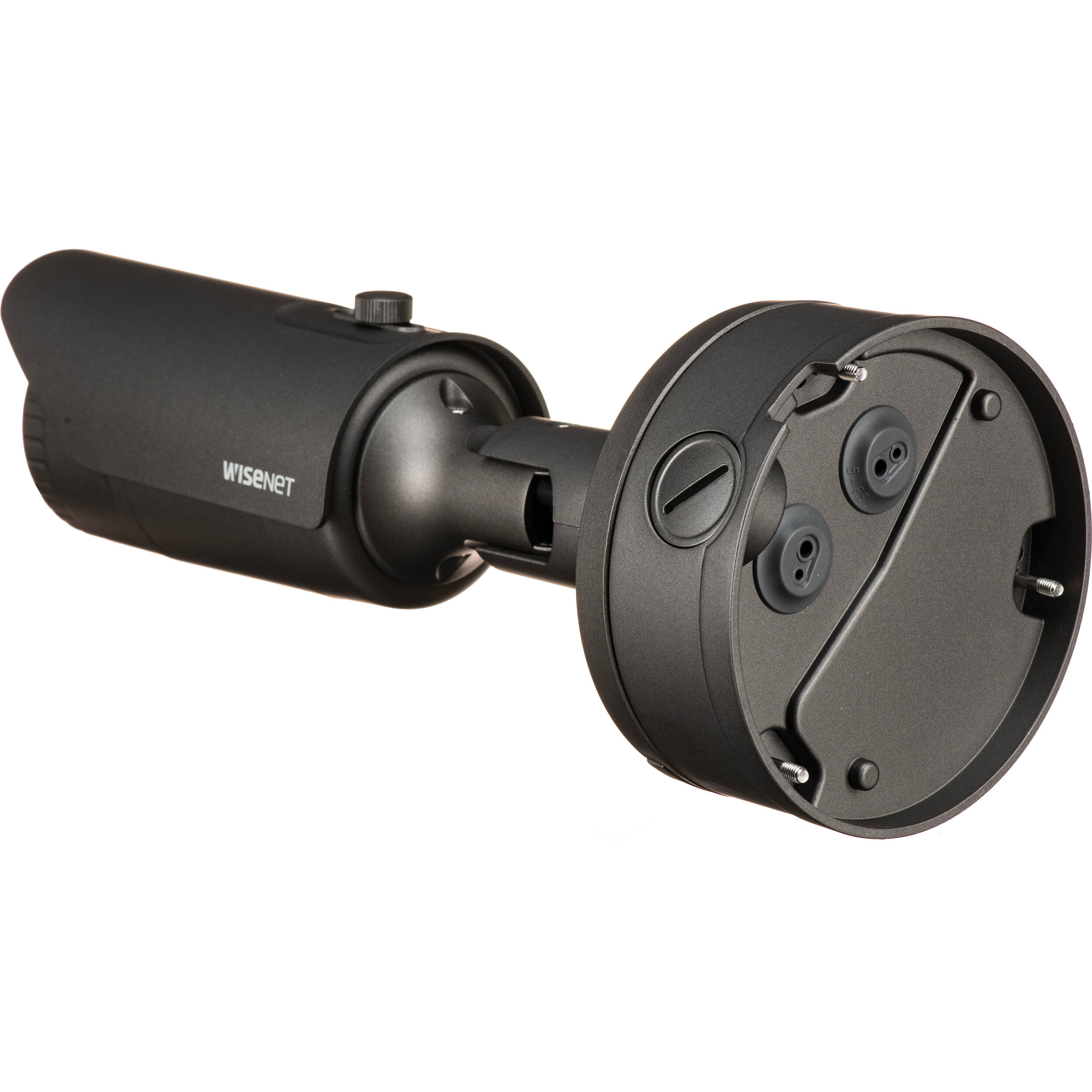 Wisenet X powered by Wisenet 5 network outdoor vandal bullet camera, 5MP  @30fps, 3.7mm fixed lens (97.5 ), triple codec H.265/H.264/MJPEG with WiseStream II technology, 120dB WDR, USB port for easy installation, advanced video analytics and sound classification and business IP67, IK10, Nema 4X analytics, high powered IR LEDs range of 98', true D/N, dual SD card, hallway view, HLC, defog detection, DIS, backbox included,  12VDC/PoE, — view 2