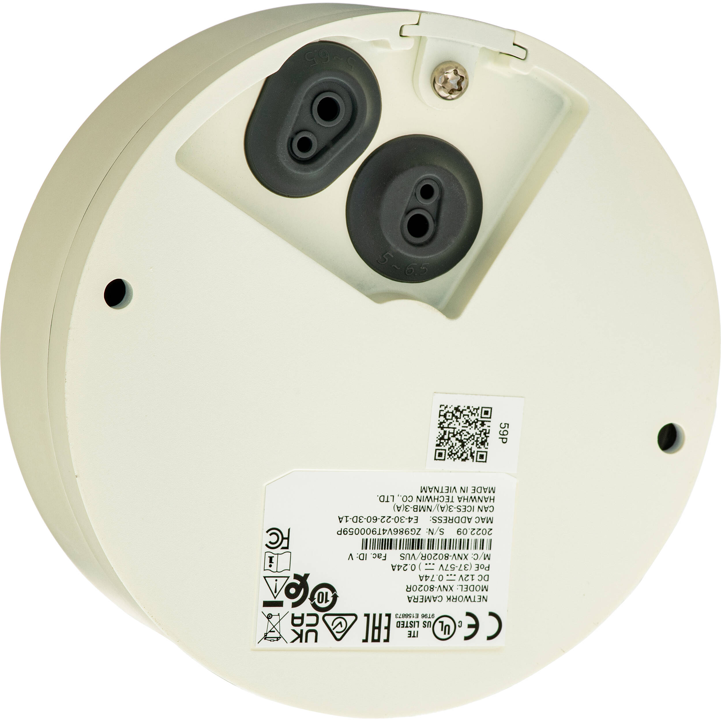 Wisenet X powered by Wisenet 5 network IR outdoor vandal dome camera, 5MP @30fps, 3.7mm fixed focal lens (97.5 ), triple codec H.265/H.264/MJPEG with WiseStream II technology, 120dB WDR, USB port for  easy installation, advanced video analytics and sound classification and business analytics, high powered IR LEDs range of 98', true D/N, dual SD card, hallway view, HLC, defog detection, DIS, 12VDC/PoE, IP67, IK10 — view 4
