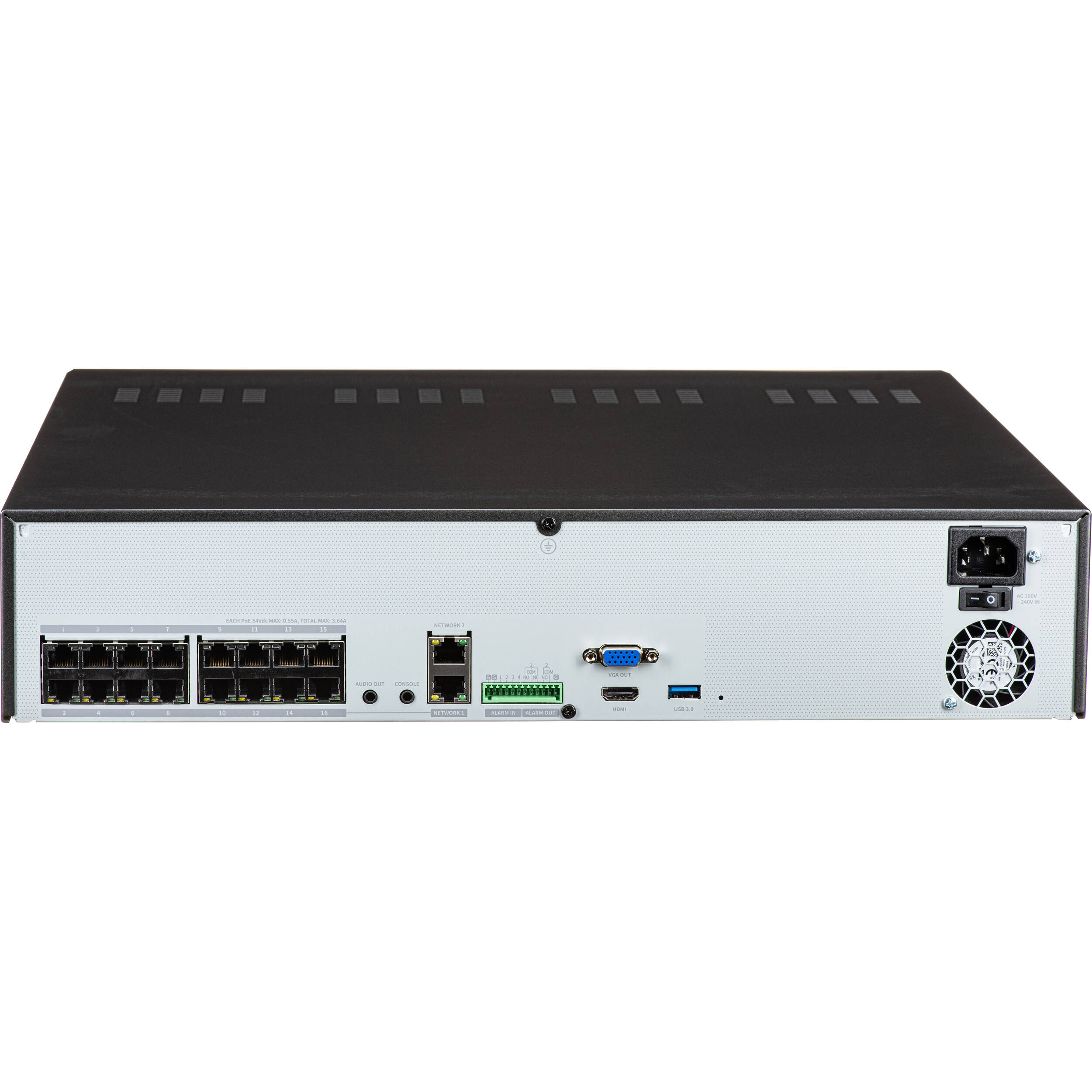 8K NVR (Intel based), No HDD, 16 channels with 16 PoE/PoE+ ports (PoE Budget 200W), H265,H264, MJPEG, 4 fixed internal SATA HDDs (6TB max per HDD), ARB (Automatic Recovery Backup), 140 Mbps recording / up to 32 Mbps playback, Dual stream recording, WiseStream technology, HDMI/VGA dual display, max. resolution of 32MP recording/display and fisheye dewarping on web and CMS, web UI 2.0 (no plugins required), AI search (Wisenet AI cameras only), QR Code — view 6