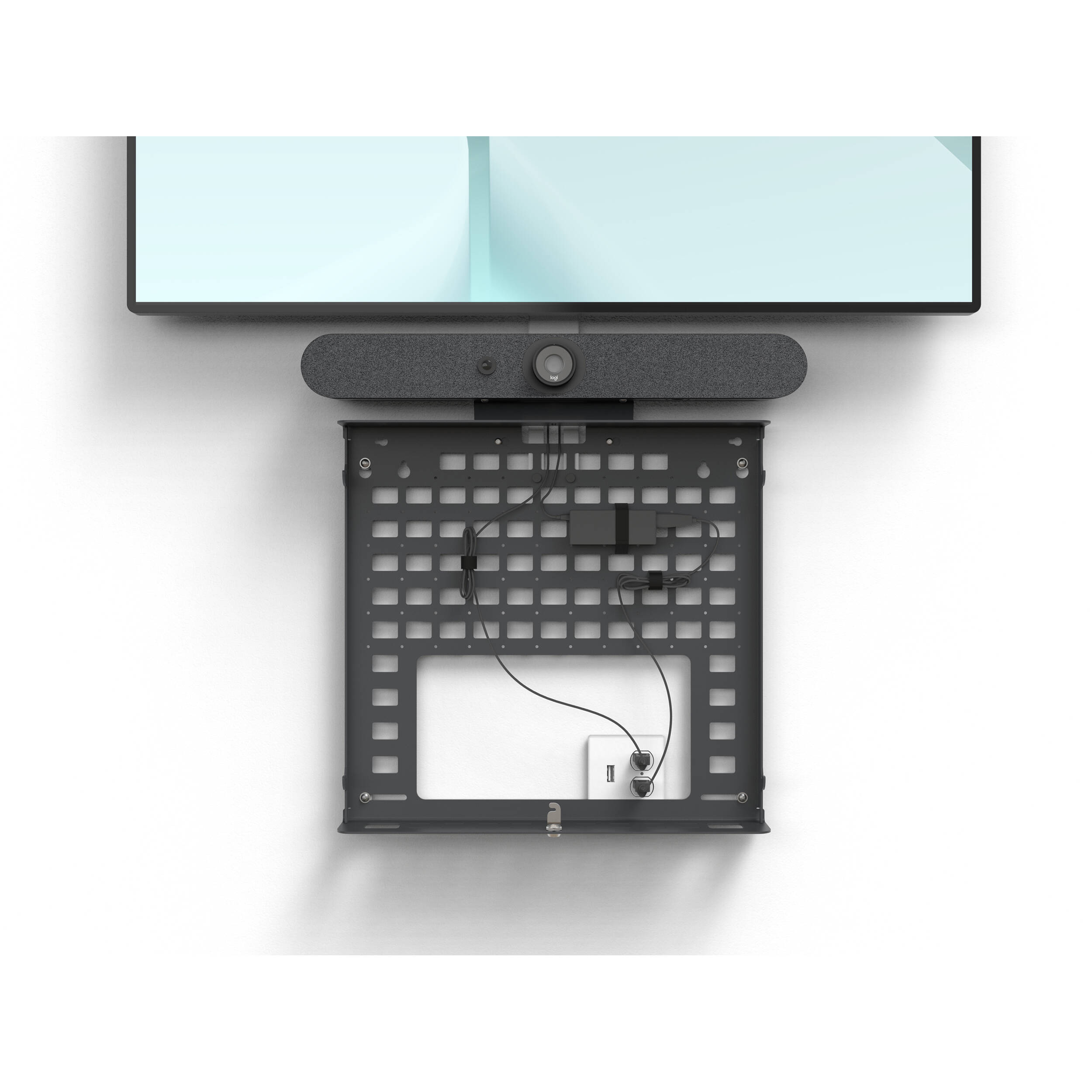 Black grey mini AV credenza for organized meeting room equipment storage — view 4