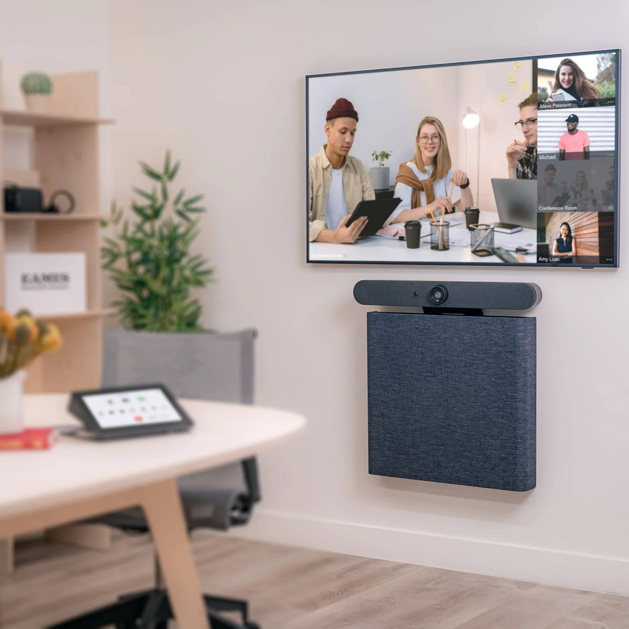 Black grey mini AV credenza for organized meeting room equipment storage — view 7