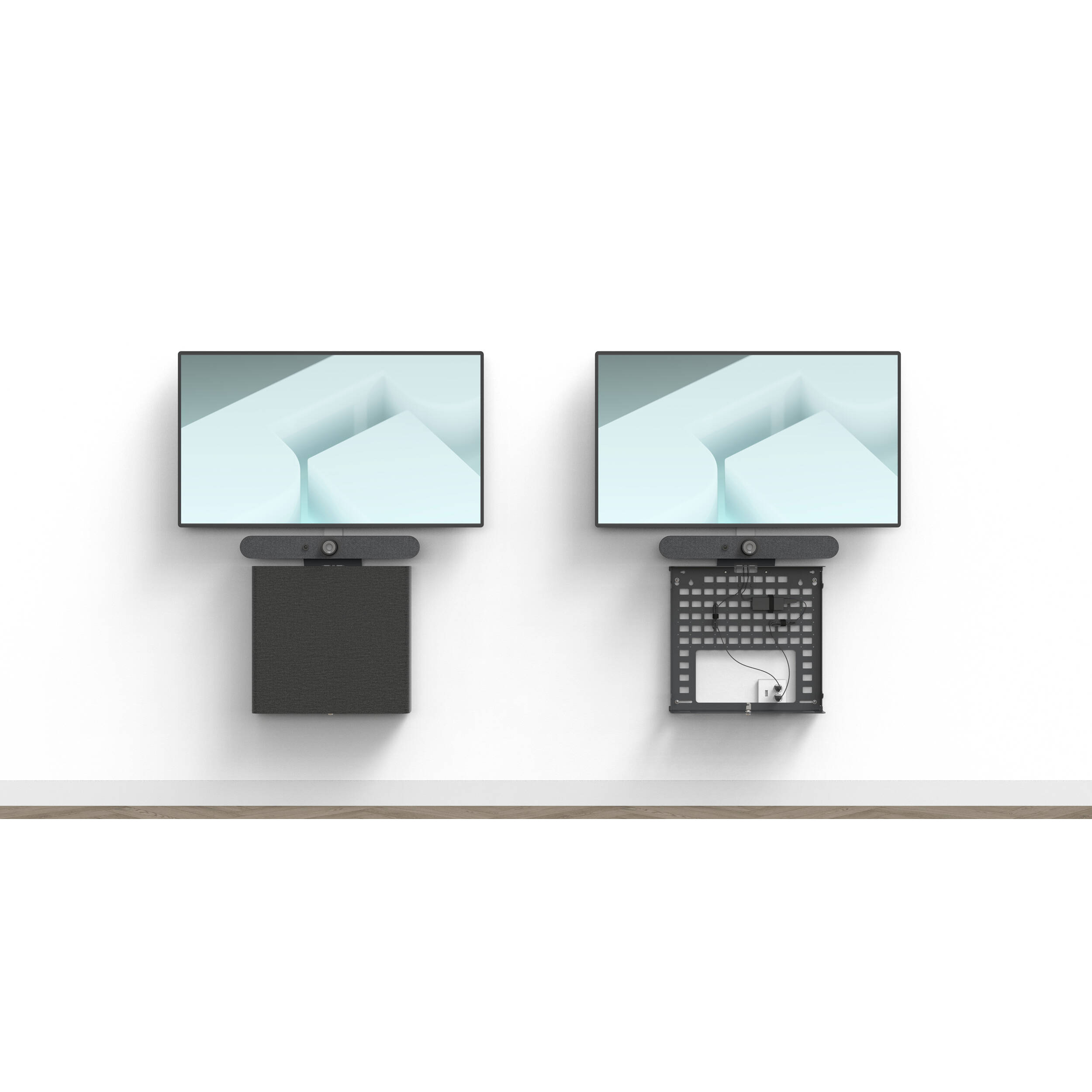 Black grey mini AV credenza for organized meeting room equipment storage — view 9