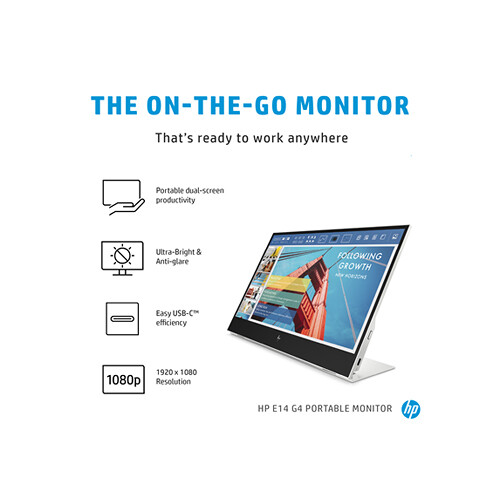 HP E14 G4 14 inch portable monitor in silver with kickstand for USB-C mobile productivity — view 2
