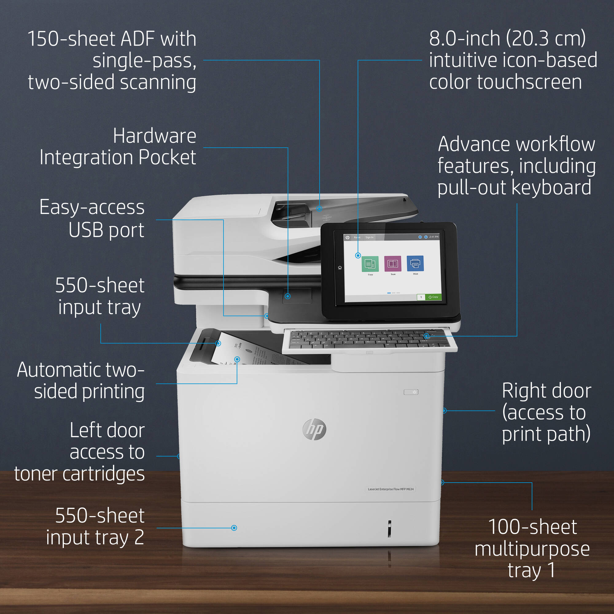 HP LaserJet Enterprise Flow MFP M634h monochrome desktop multifunction printer — view 10
