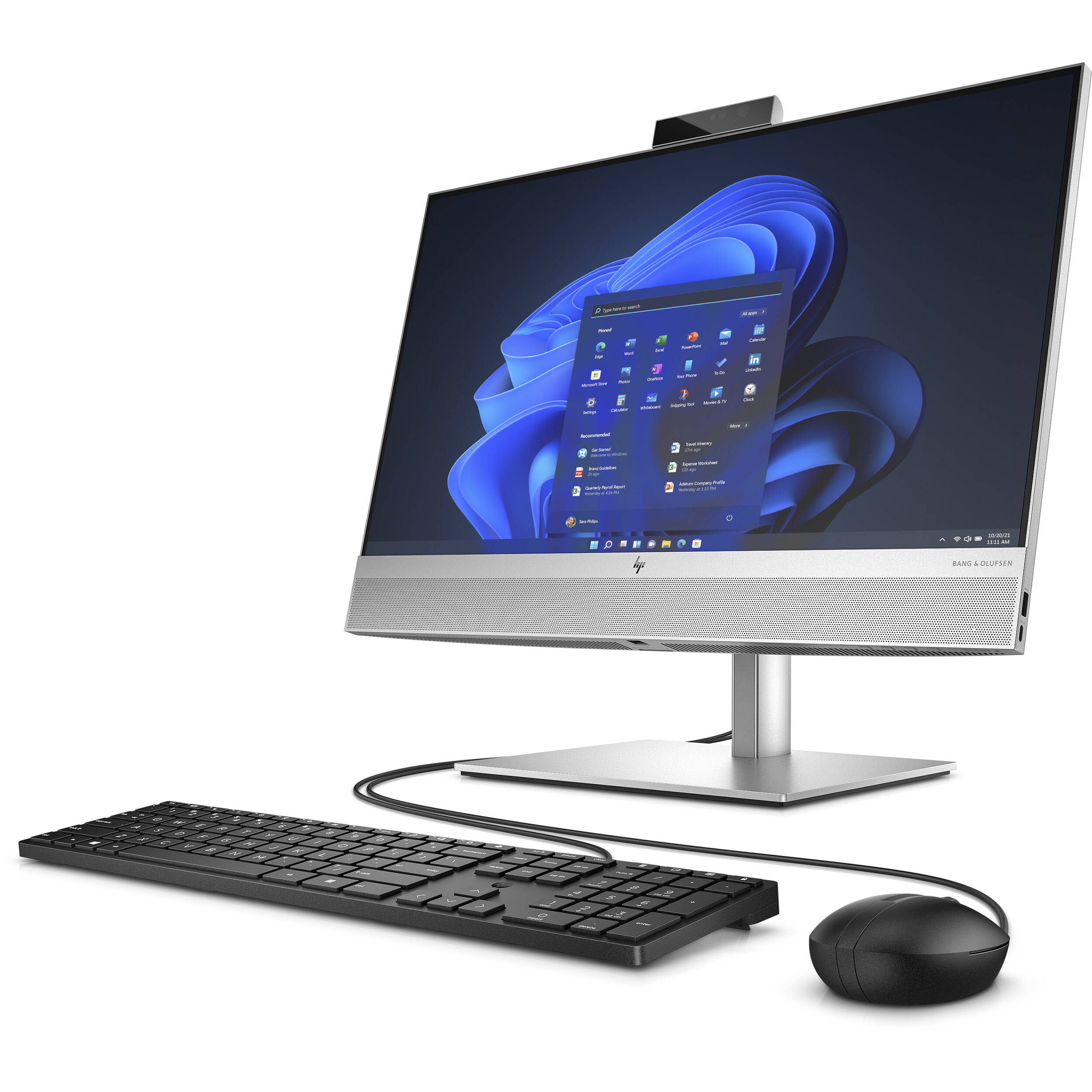 HP EliteOne 840 G9 all-in-one desktop with 23.8-inch FHD display, natural silver finish, and integrated webcam — view 3