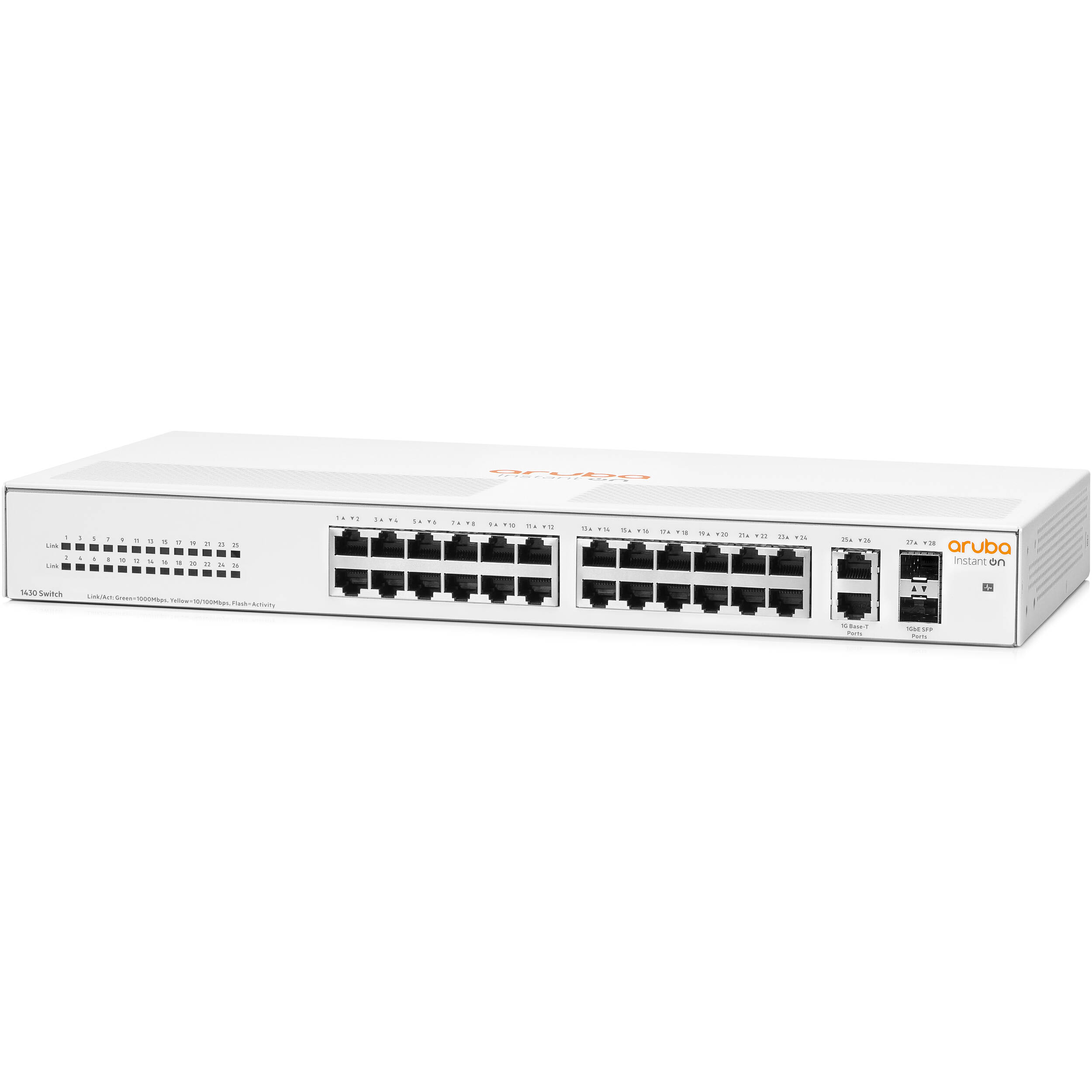 HPE Instant On 1430 26G 2SFP rack-mountable Gigabit switch with 26 ports and 2 SFP uplinks — view 2