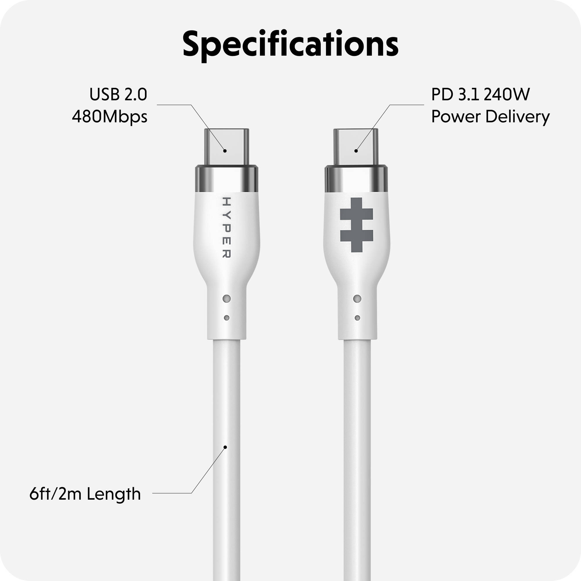 White 1 m silicone USB-C charging cable rated for 240 W power delivery — view 5