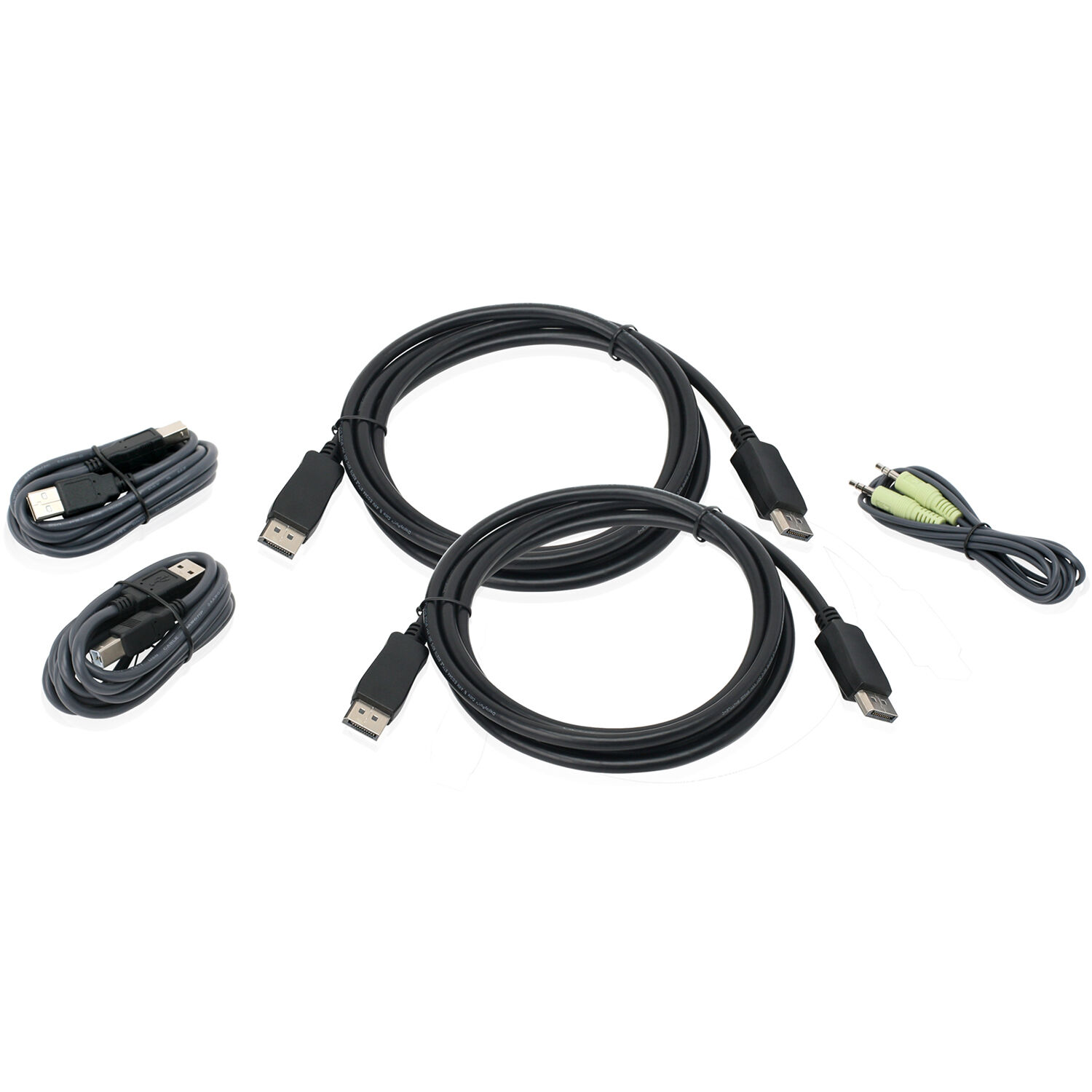 IOGEAR 6 ft dual view DisplayPort USB KVM cable kit with audio showing DisplayPort, USB Type‑A, and audio connectors — view 2