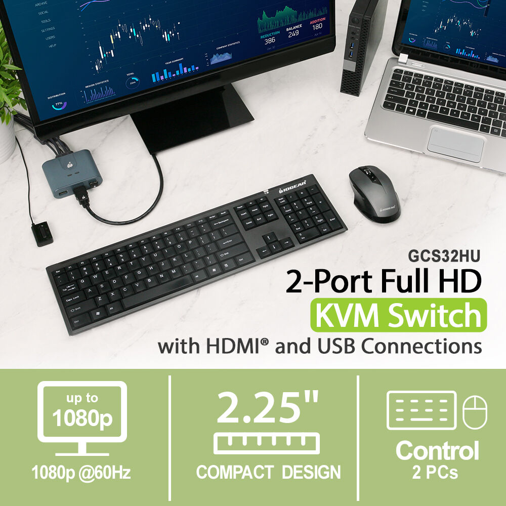 2-port Full HD KVM switch with HDMI and USB connections for sharing one monitor, keyboard, and mouse between two PCs — view 5