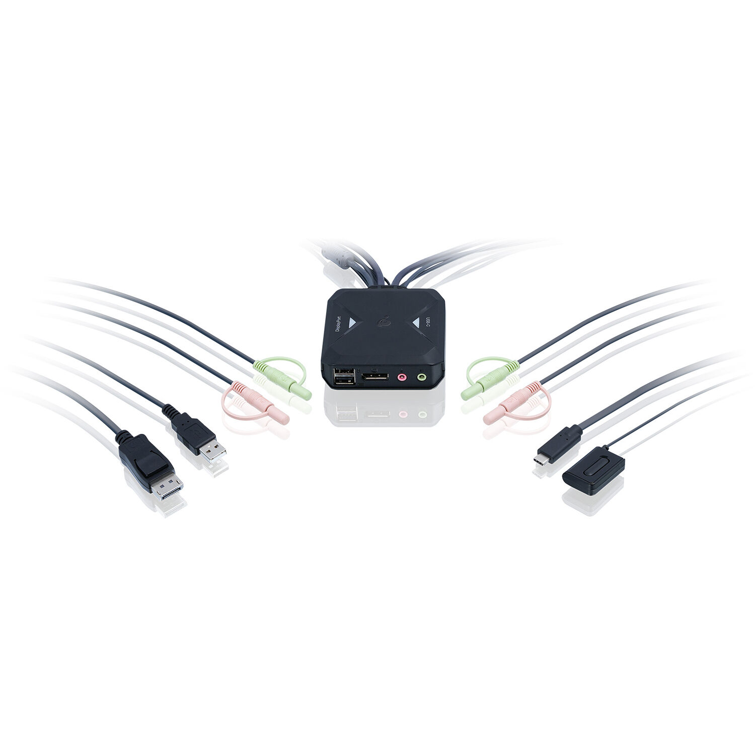 IOGEAR 2-port 4K KVM switch with DisplayPort, USB-C, and audio for dual-system desktop control — view 2