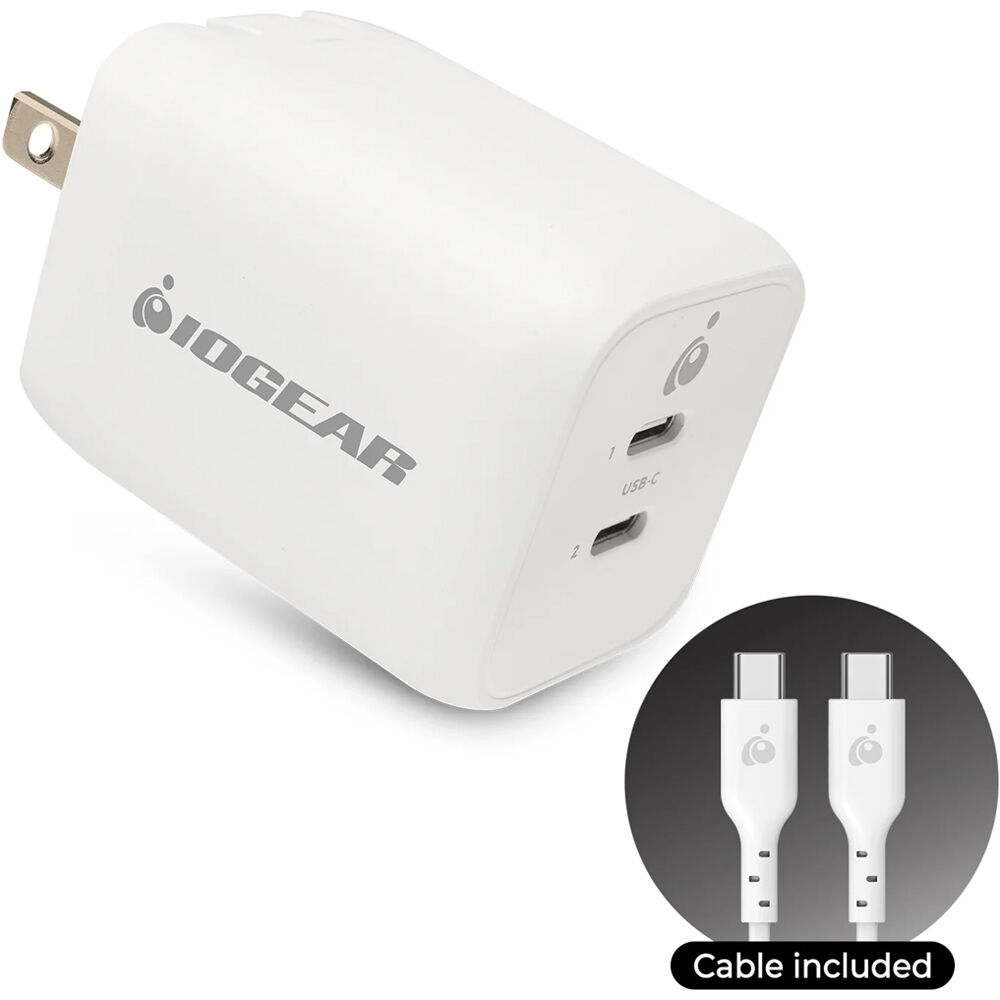 IOGEAR GearPwr Dual USB-C 65W GaN wall charger with included USB-C cable — view 3