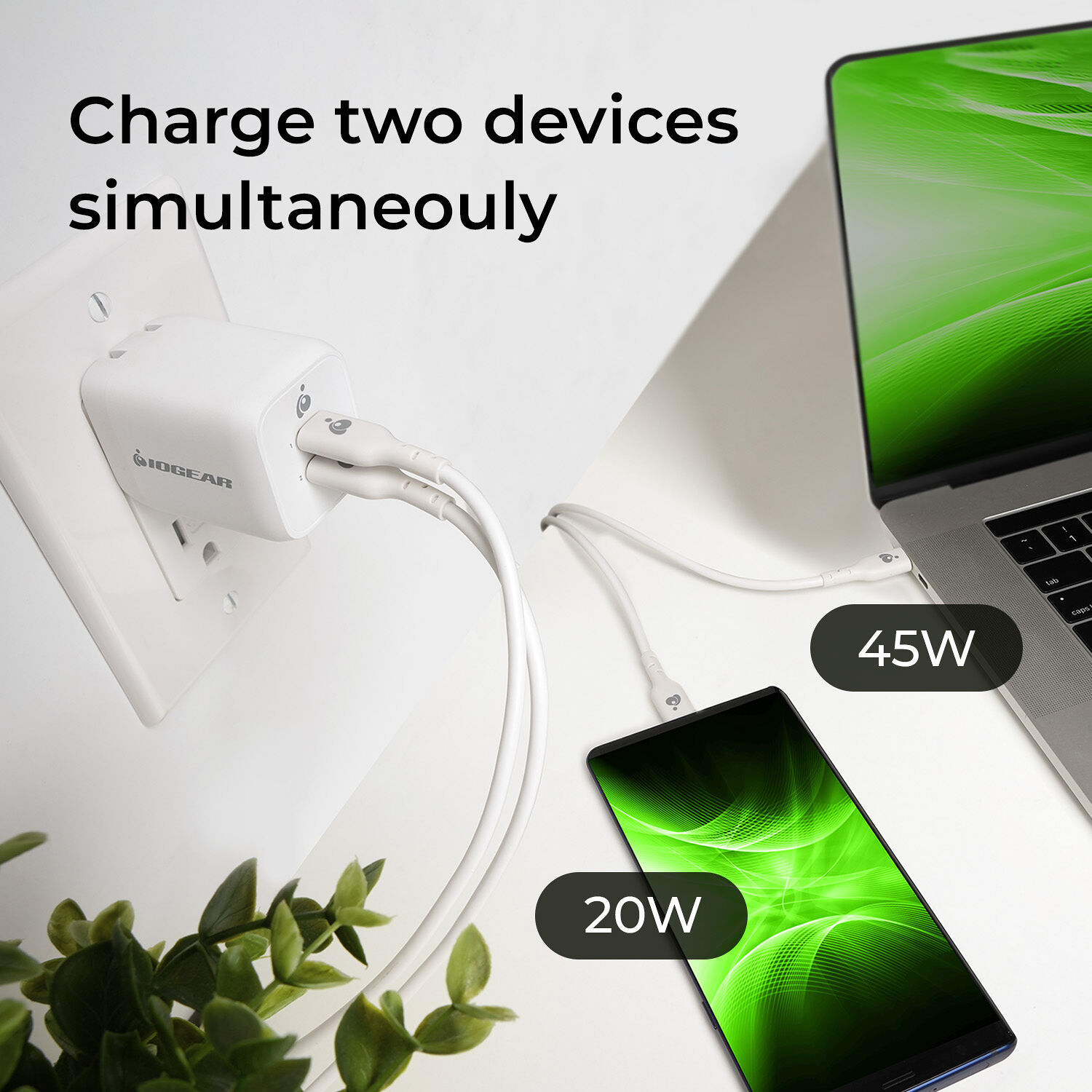 IOGEAR GearPwr Dual USB-C 65W GaN wall charger with included USB-C cable — view 8