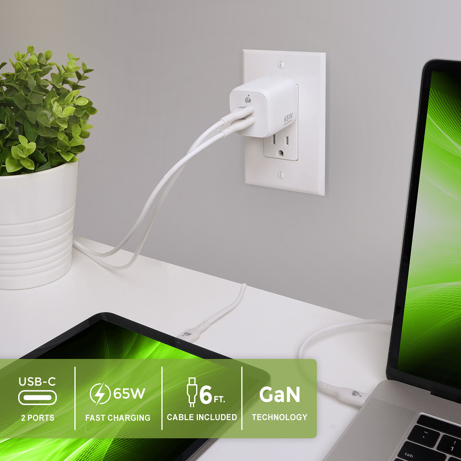 IOGEAR GearPwr Dual USB-C 65W GaN wall charger with included USB-C cable — view 9