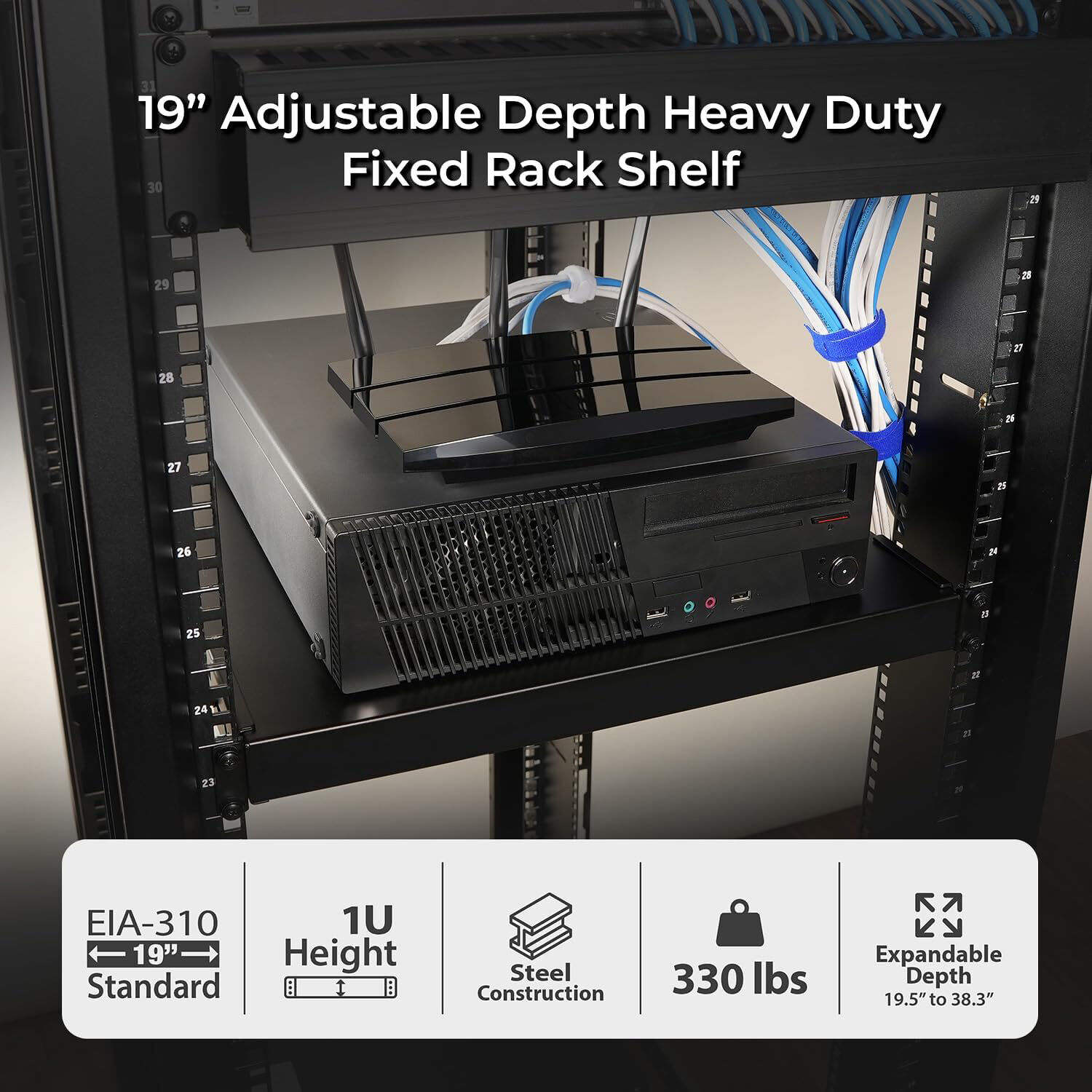 IOGEAR GRSH02 adjustable depth fixed server rack cabinet shelf for heavy-duty equipment support — view 6
