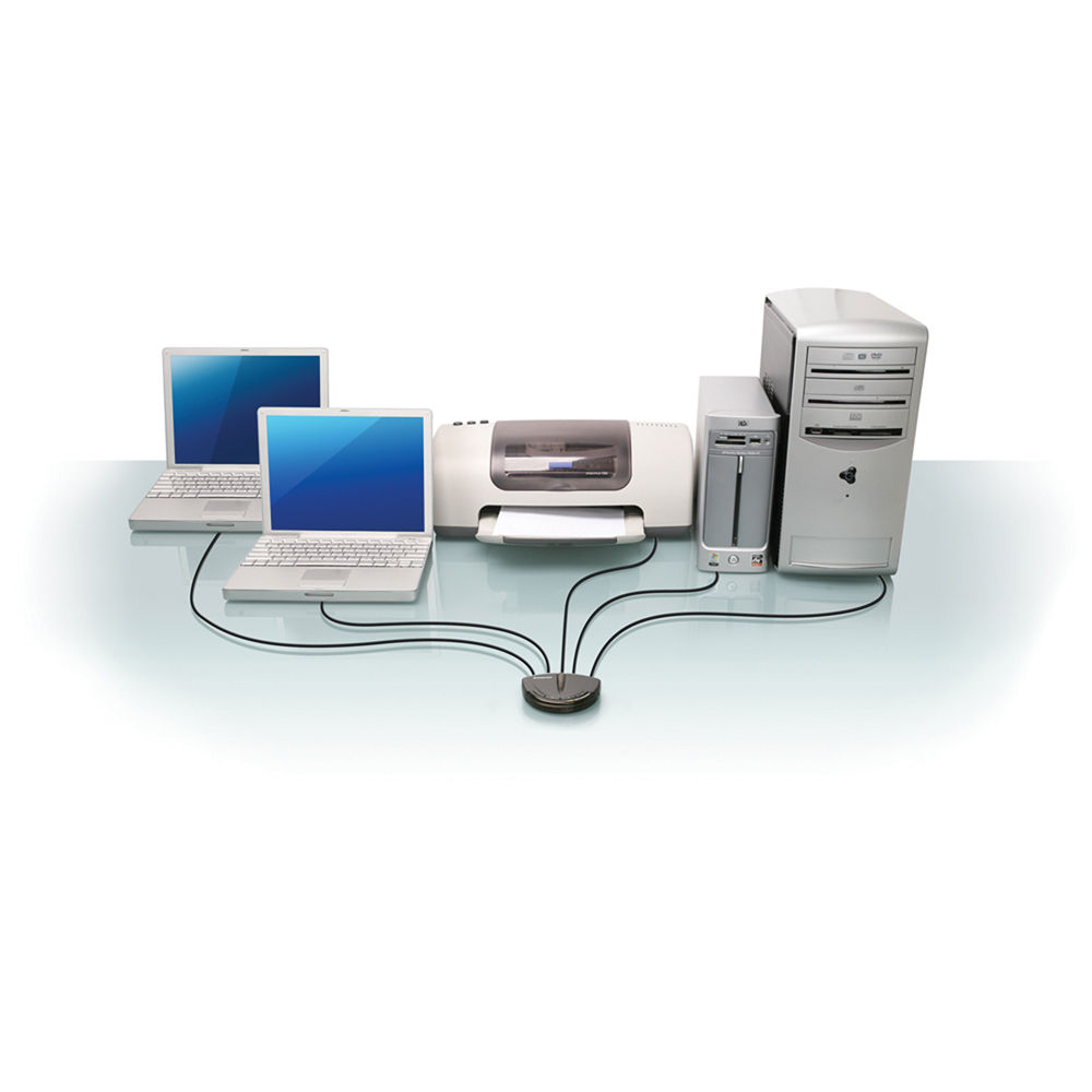 IOGEAR GUB431 4-port USB 2.0 automatic printer switch desktop unit for shared printer access — view 3