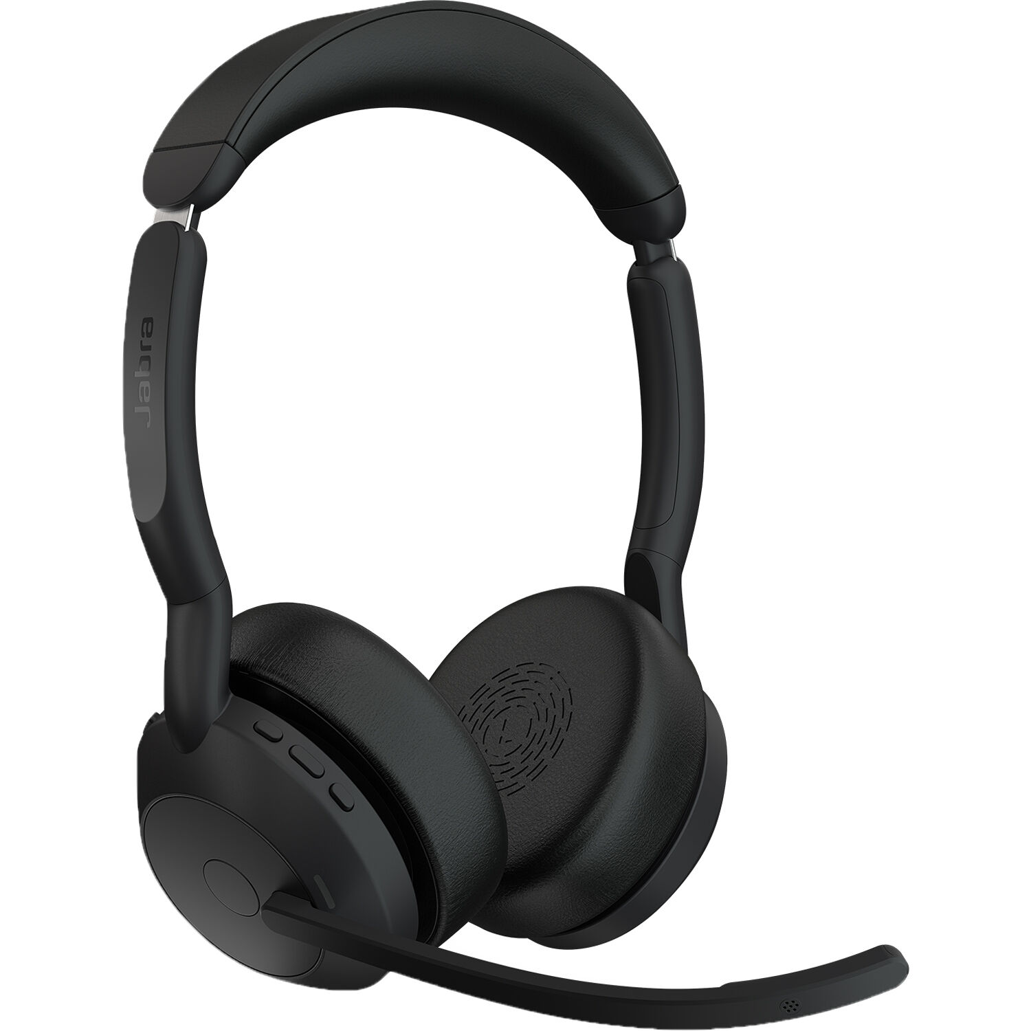 Jabra Evolve2 55 wireless UC stereo headset with Link380c USB-C adapter and stand — view 2