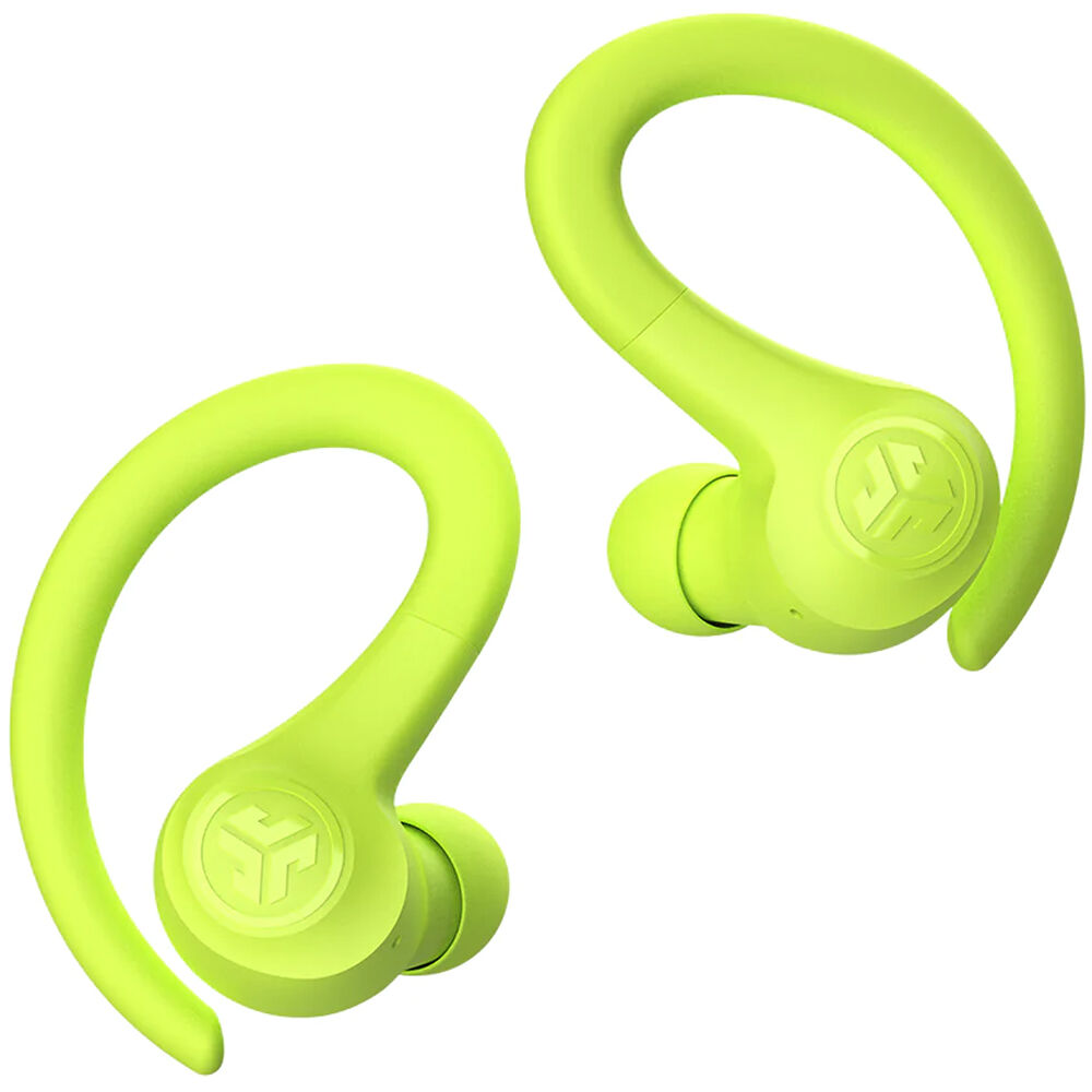 JLab GO Air Sport true wireless earbuds in neon with earhook sport design — view 2